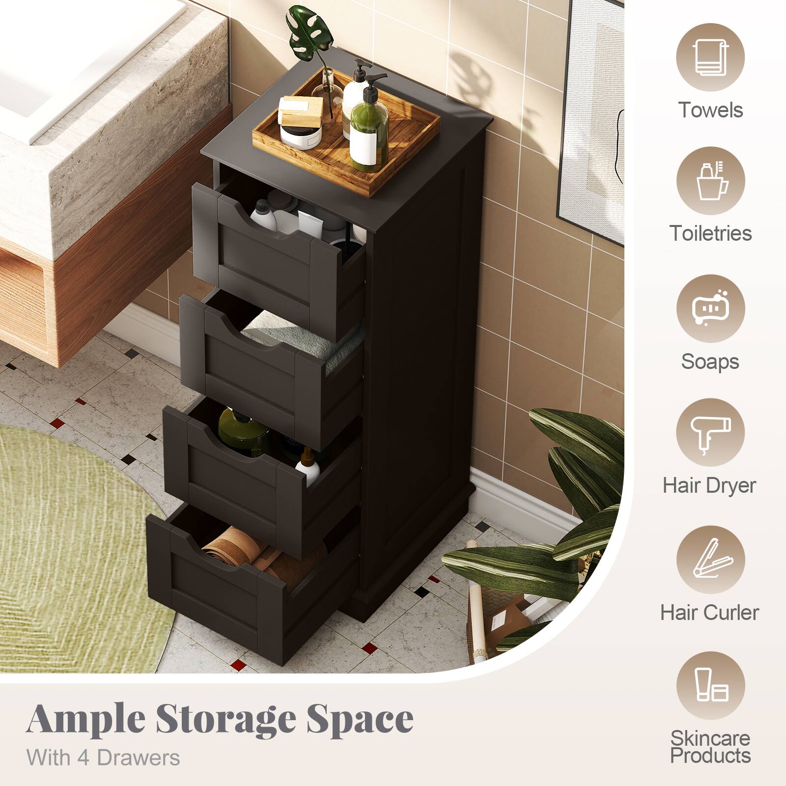 Towels  
Toiletries  
Soaps  
Hair Dryer  
Hair Curler  
Ample Storage Space With 4 Drawers  
Skincare Products