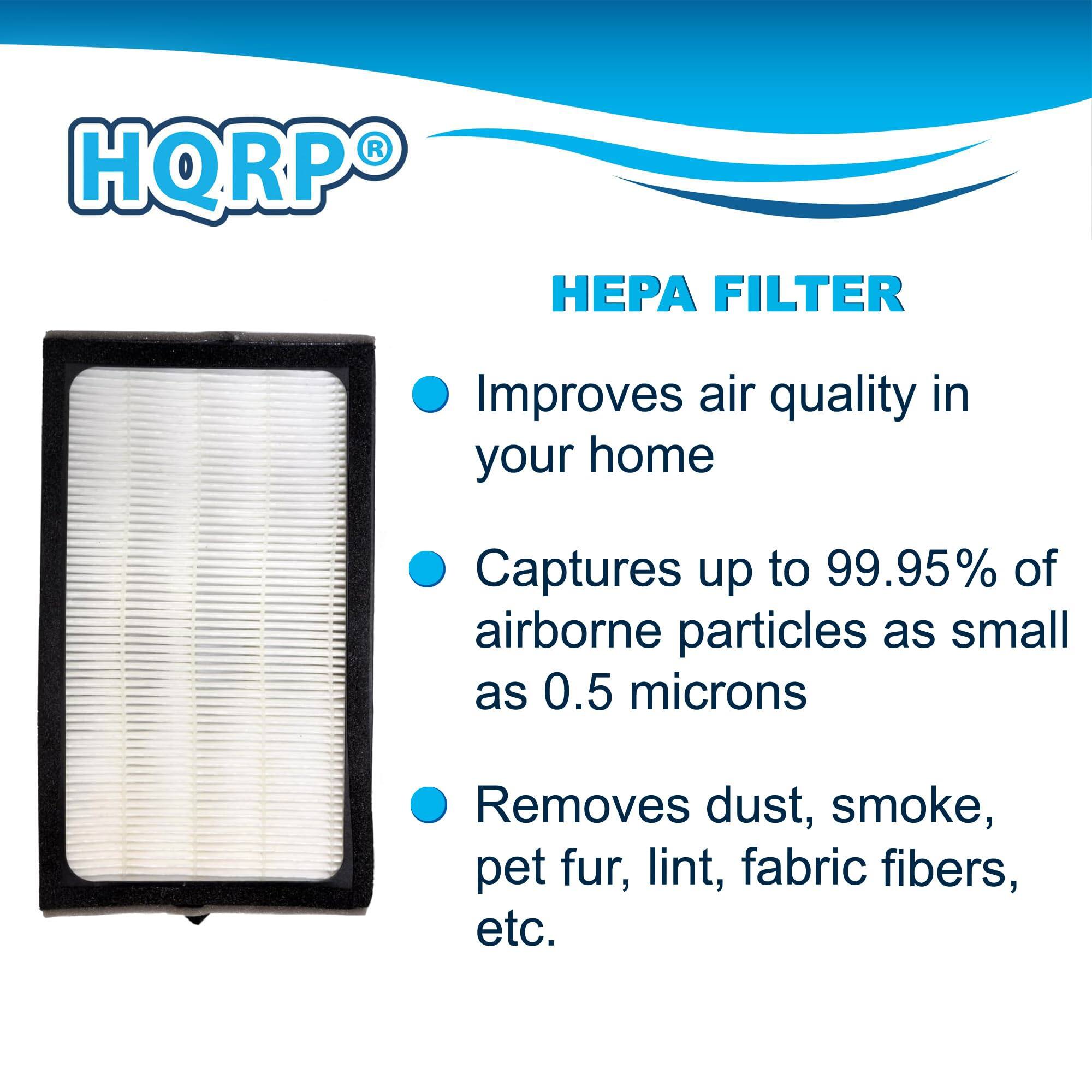 HQRP HEPA FILTER  
Improves air quality in your home  
Captures up to 99.95% of airborne particles as small as 0.5 microns  
Removes dust, smoke, pet fur, lint, fabric fibers, etc.