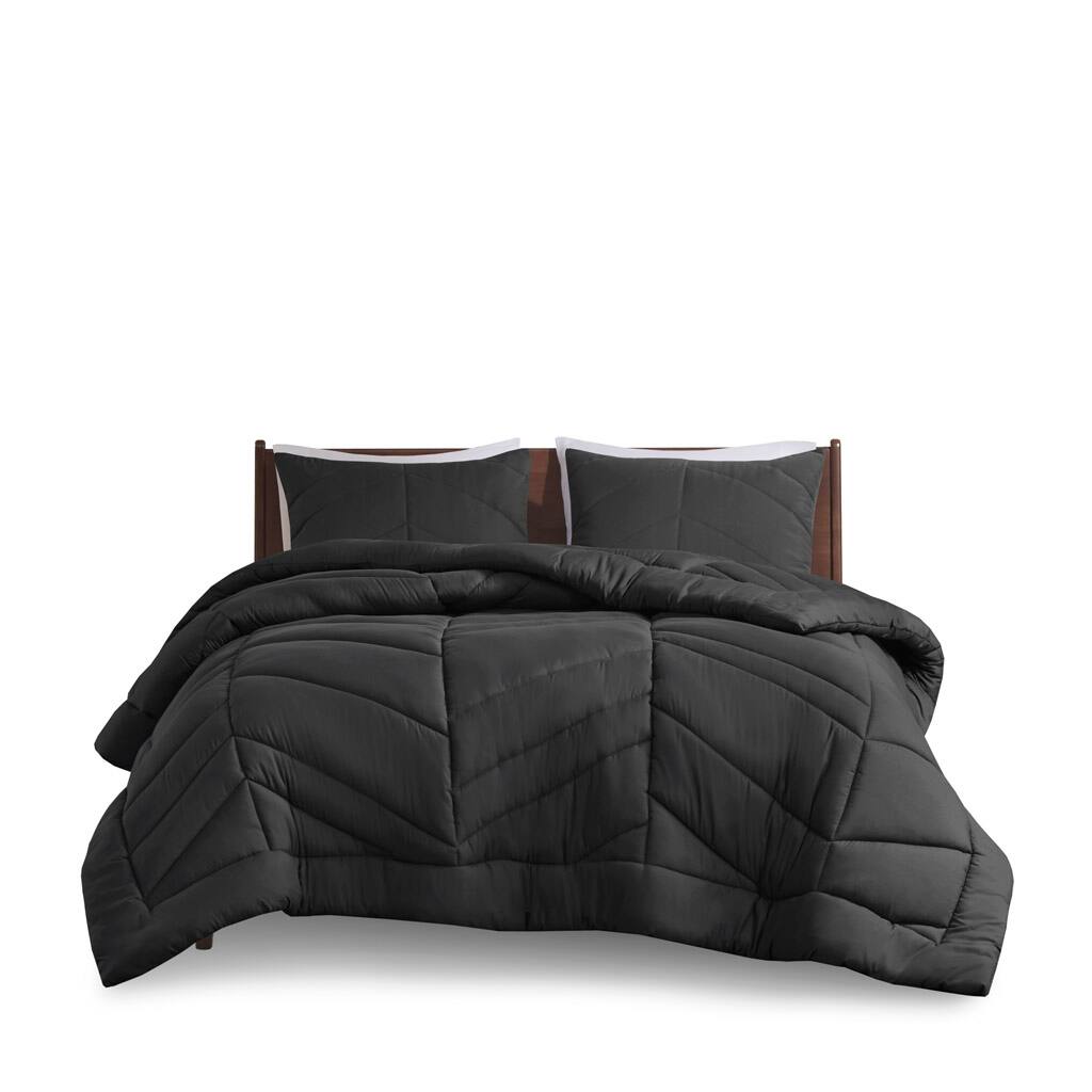 Front. Gracie Mills - Gracie Mills Solid Quilted Chevron Comforter Set with 350 GSM Polyfill - Black.