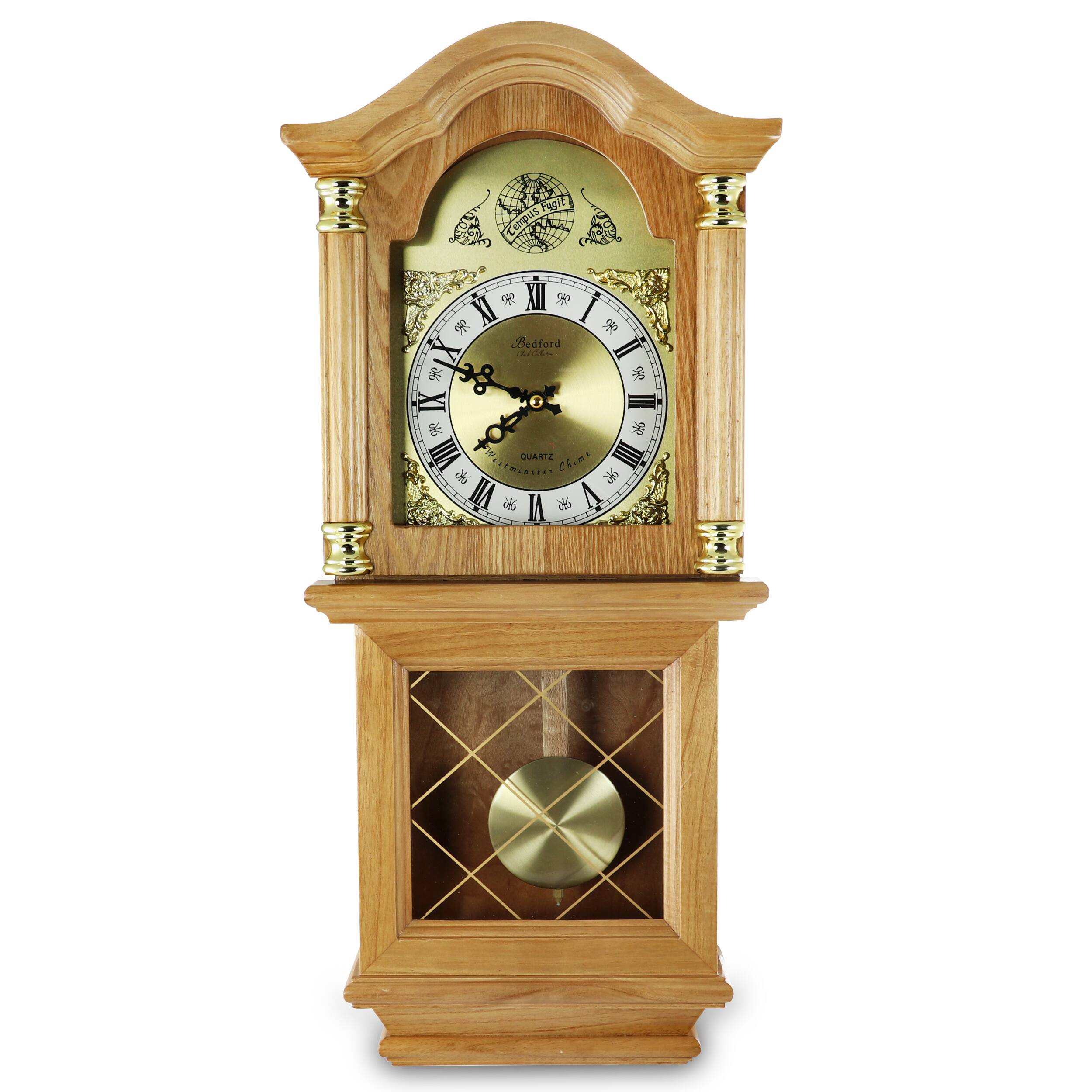 Bedford Clock Collection - Classic 26 Inch Wall Clock in Golden Oak Finish - Light Brown