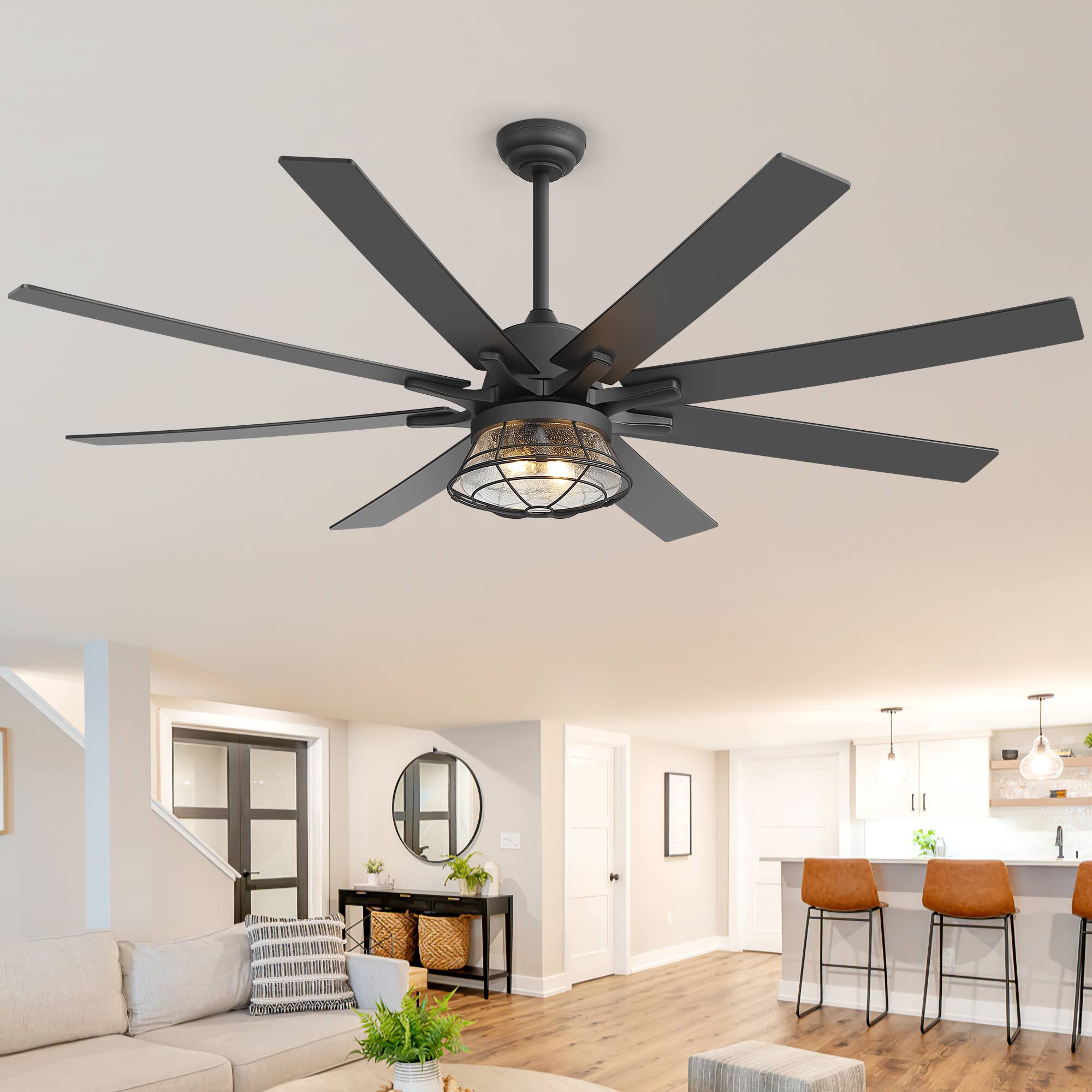 Alt View 5. Breezary - 65-Inch Ceiling Fan with Cage Light, 8 Plywood Blades, DC Motor, Angled Mount, Downrod Included，High Airflow Performance - Black.