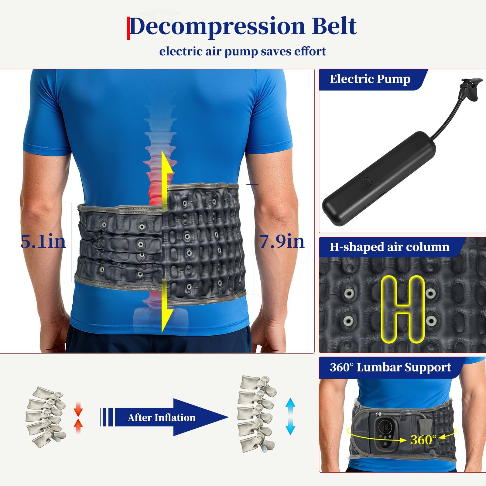 Decompression Belt  
electric air pump saves effort  

Electric Pump  

5.1in  
7.9in  

H-shaped air column  

360° Lumbar Support  

After Inflation