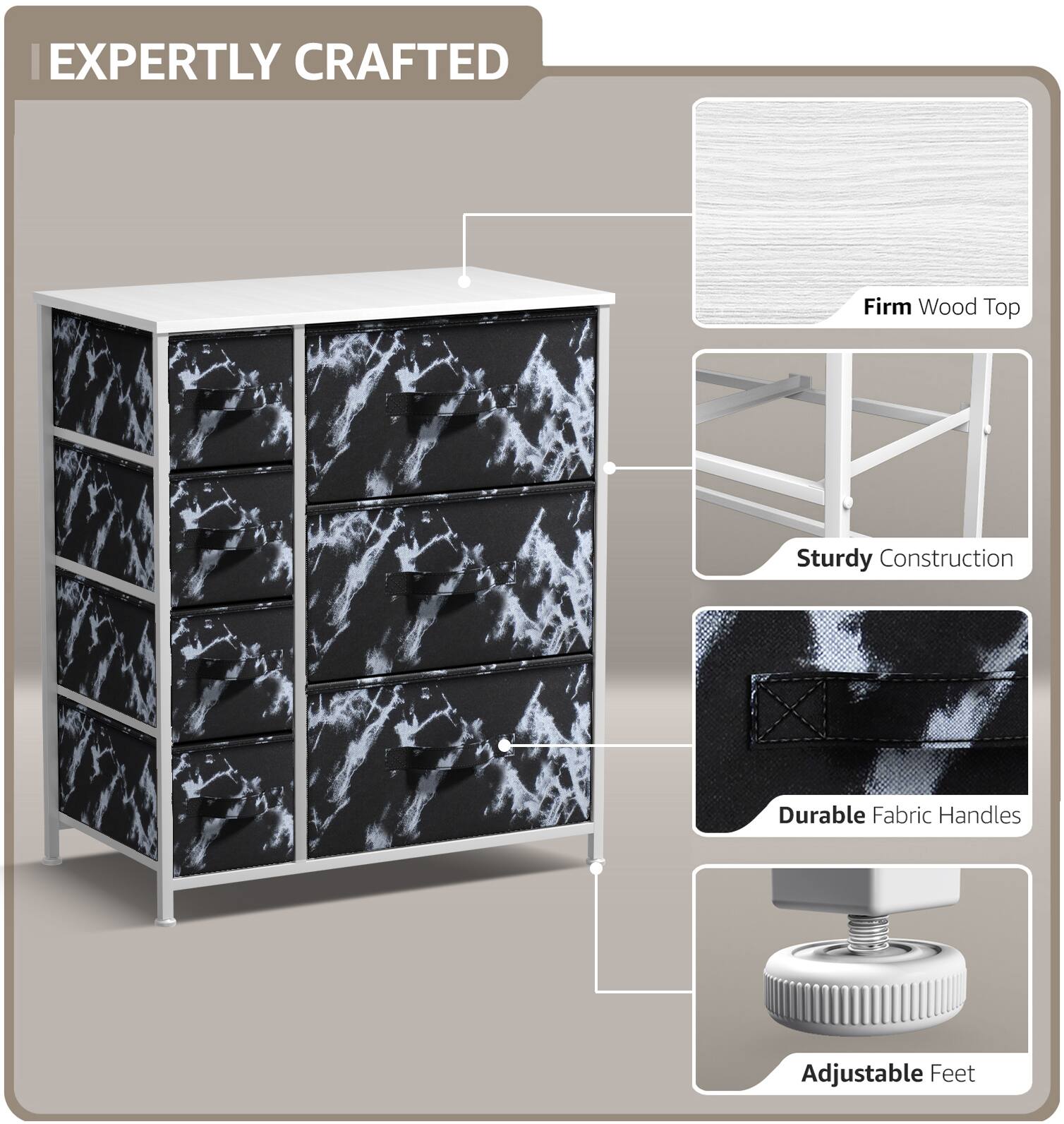 EXPERTLY CRAFTED

- Firm Wood Top
- Sturdy Construction
- Durable Fabric Handles
- Adjustable Feet