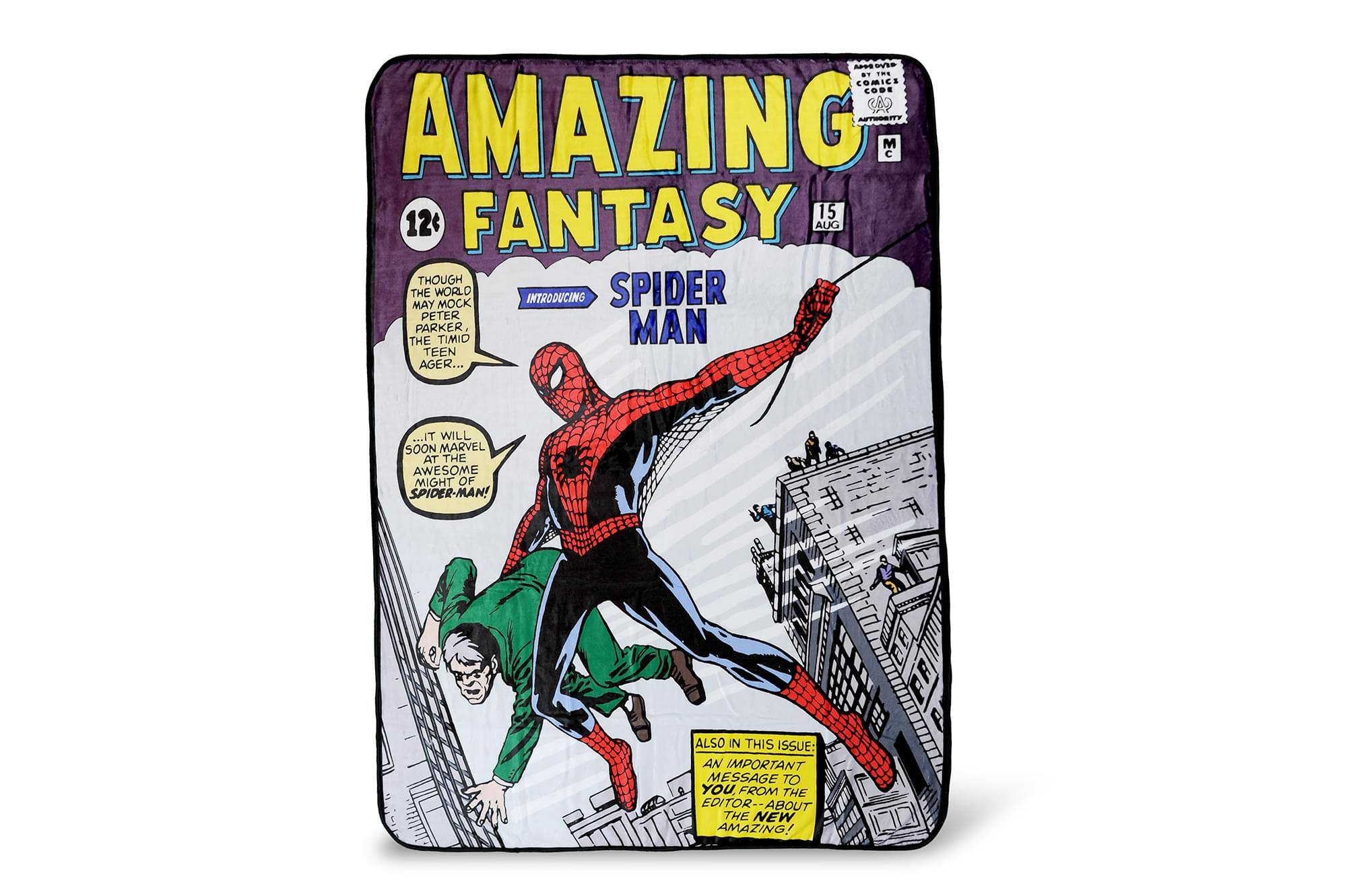 Sure, here is the corrected and grouped text from the image:

---

**AMAZING FANTASY**  
15 AUG

**12¢**

**SPIDER MAN**

**INTRODUCING**

**THOUGH THE WORLD MAY MOCK THE TIMID MAN PETER PARKER THE TEENAGER... IT WILL SOON MARVEL AT THE AWESOME MIGHT OF SPIDER-MAN!**

**ALSO IN THIS ISSUE: AN IMPORTANT MESSAGE TO YOU, FROM THE EDITOR ABOUT THE NEW AMAZING!**

**AOR WE BT 1.S COMICS CODE AUTHORITY**

**M C**

---