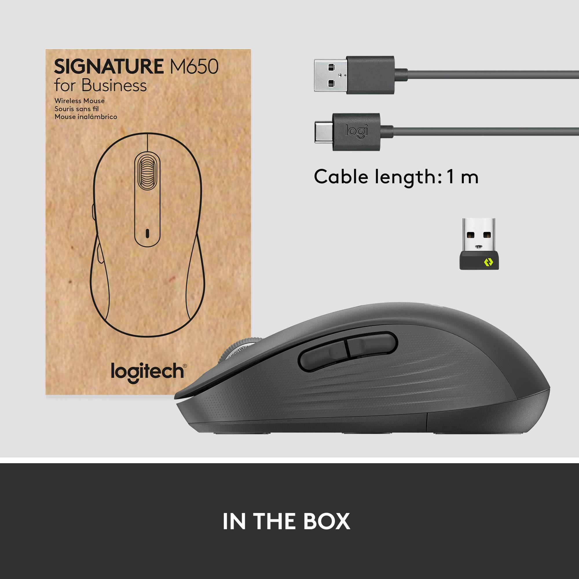 SIGNATURE M650  
for Business  
Wireless Mouse  
Souris sans fil  
Mouse Inalámbrico  

Cable length: 1 m  

IN THE BOX