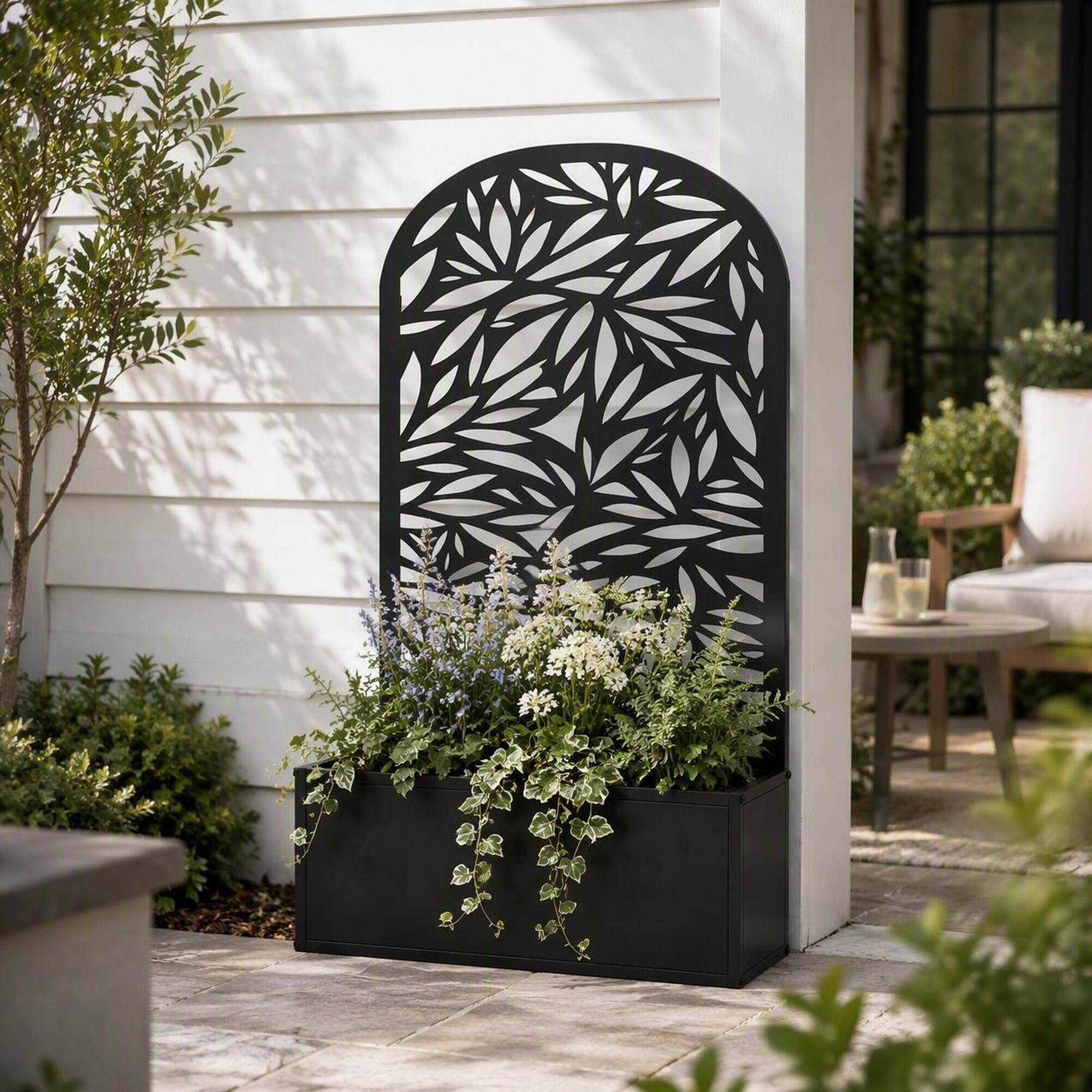 Left. RYHNUYNE - Metal Raised Garden Bed with Curved Leaf Trellis Privacy Panel, 24x9.1x44.5 Inch Black Planter Box for Wall Mount - Black.