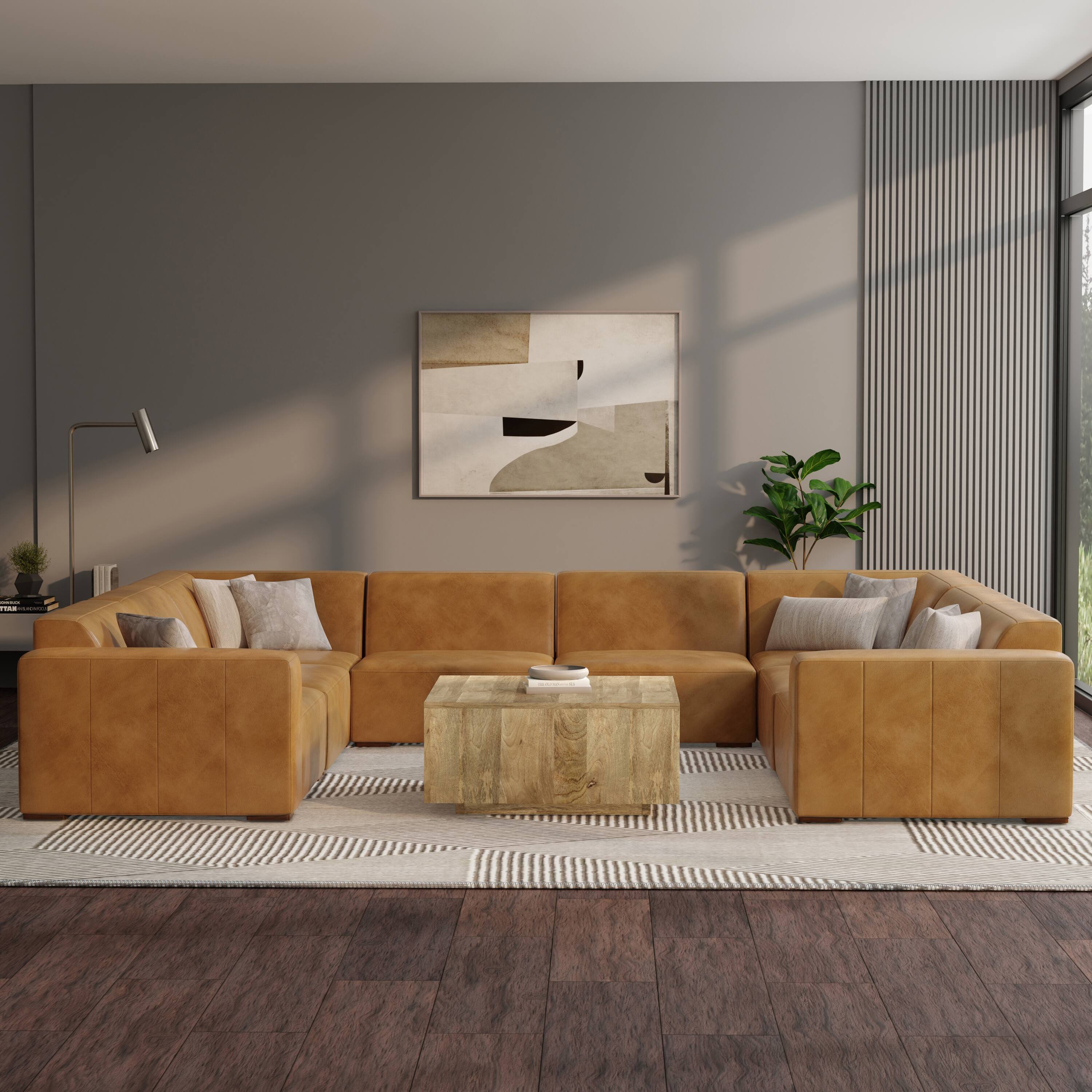 Angle. Simpli Home - Rex U-Shaped Modular Sectional Sofa in Genuine Leather - Sienna.
