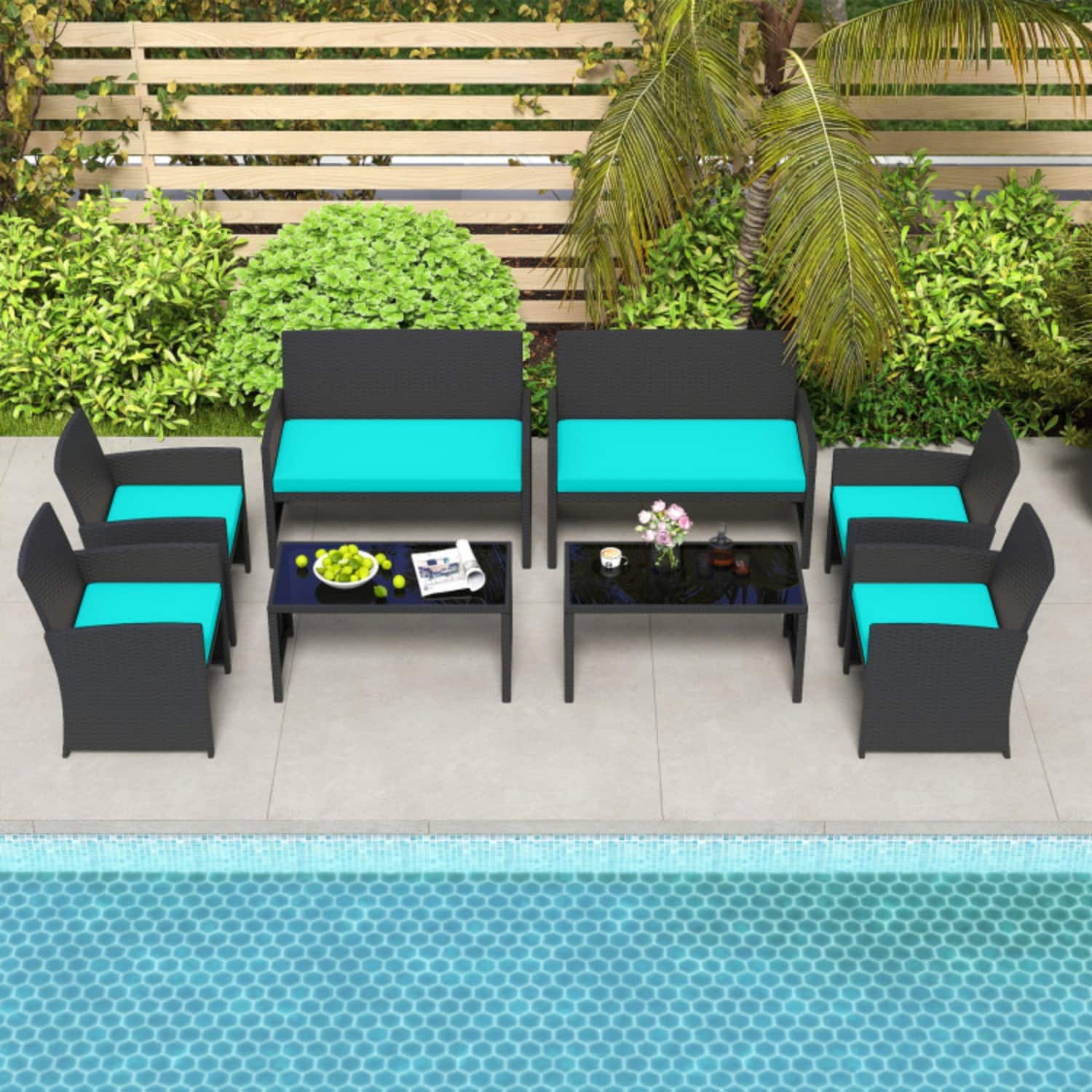 Mondawe - 42x25x31 IN Freestanding Patio Sofa Set with Table and Cushions 4-Piece - Black+Turquoise