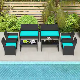 Mondawe - 42x25x31 IN Freestanding Patio Sofa Set with Table and Cushions 4-Piece - Black+Turquoise