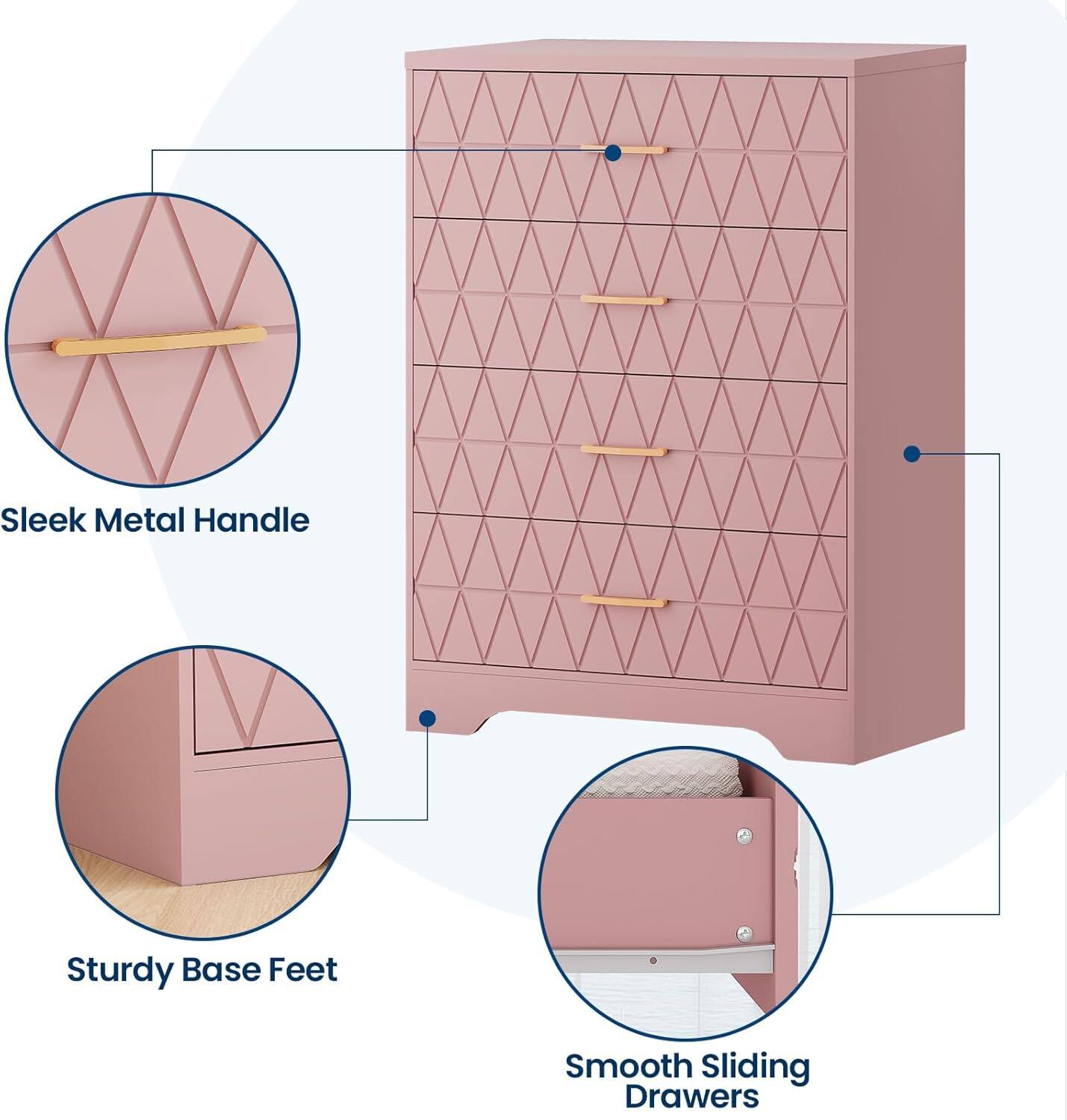 - Sleek Metal Handle
- Sturdy Base Feet
- Smooth Sliding Drawers