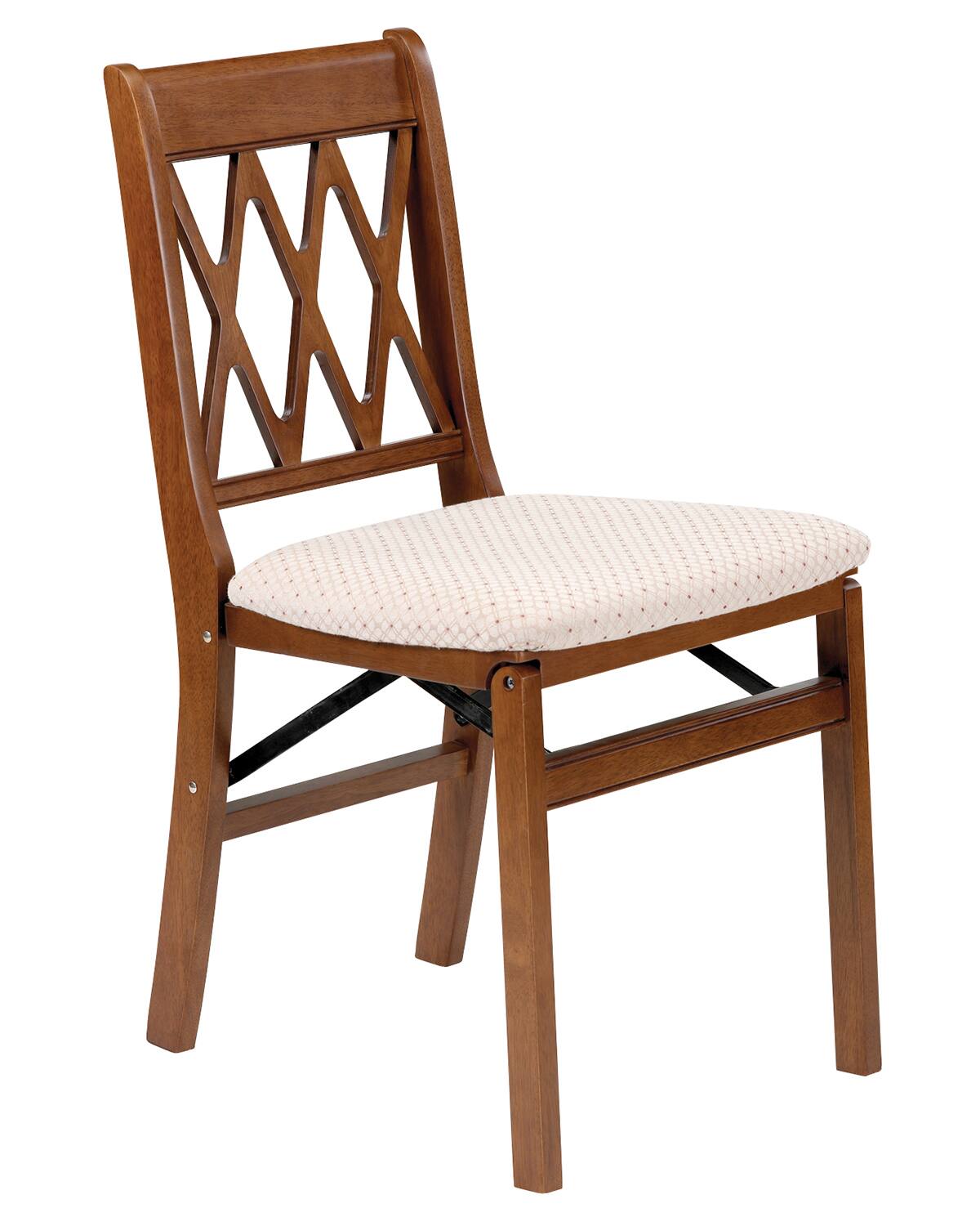 Angle. Stakmore - Stakmore Classic Lattice Back Folding Chair, Fruitwood Frame with Blush Fabric (Set of 2) - Fruitwood Finish.
