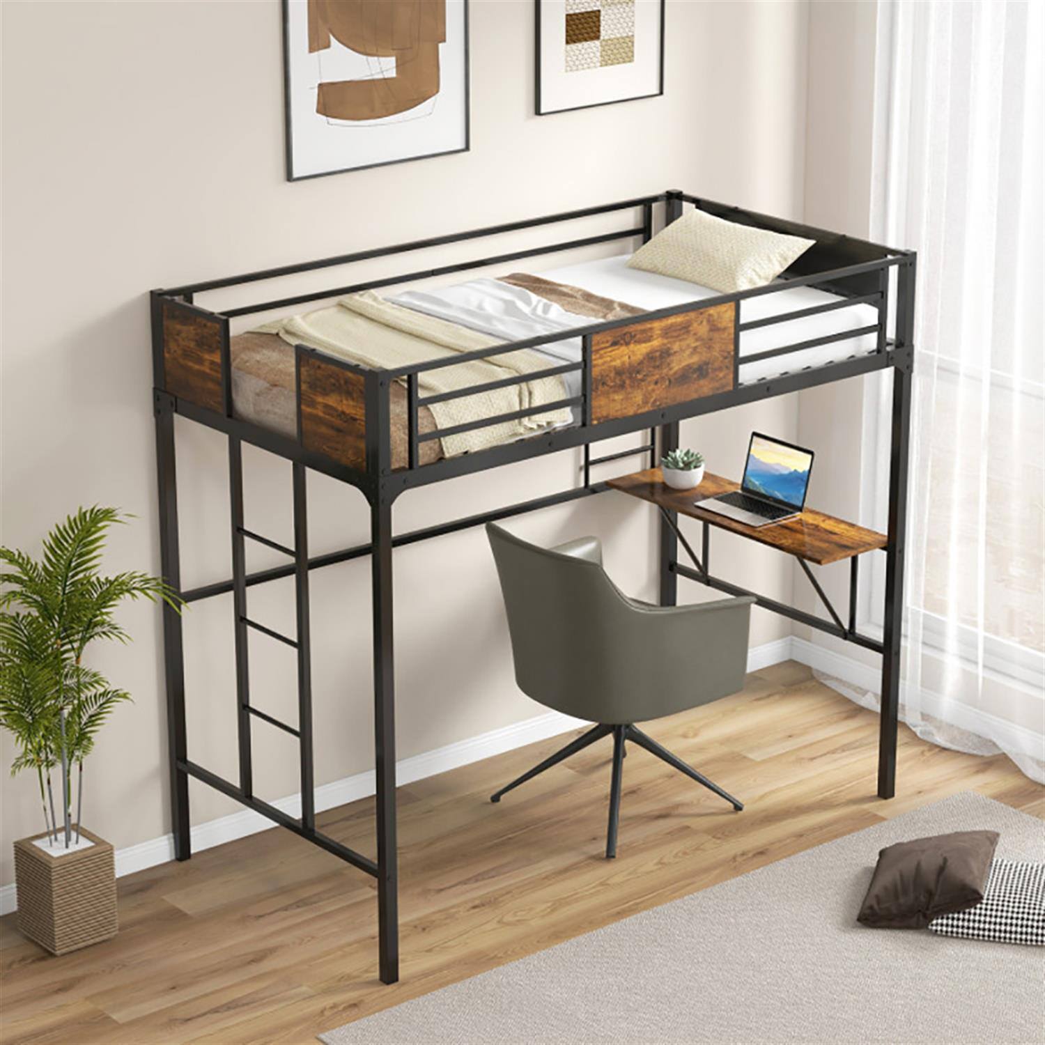 Alt View 4. Pefilos - Twin Size Industrial Metal Loft Bed with Desk Storage Shelf and Build-in Ladder for Teens, Black - Black.