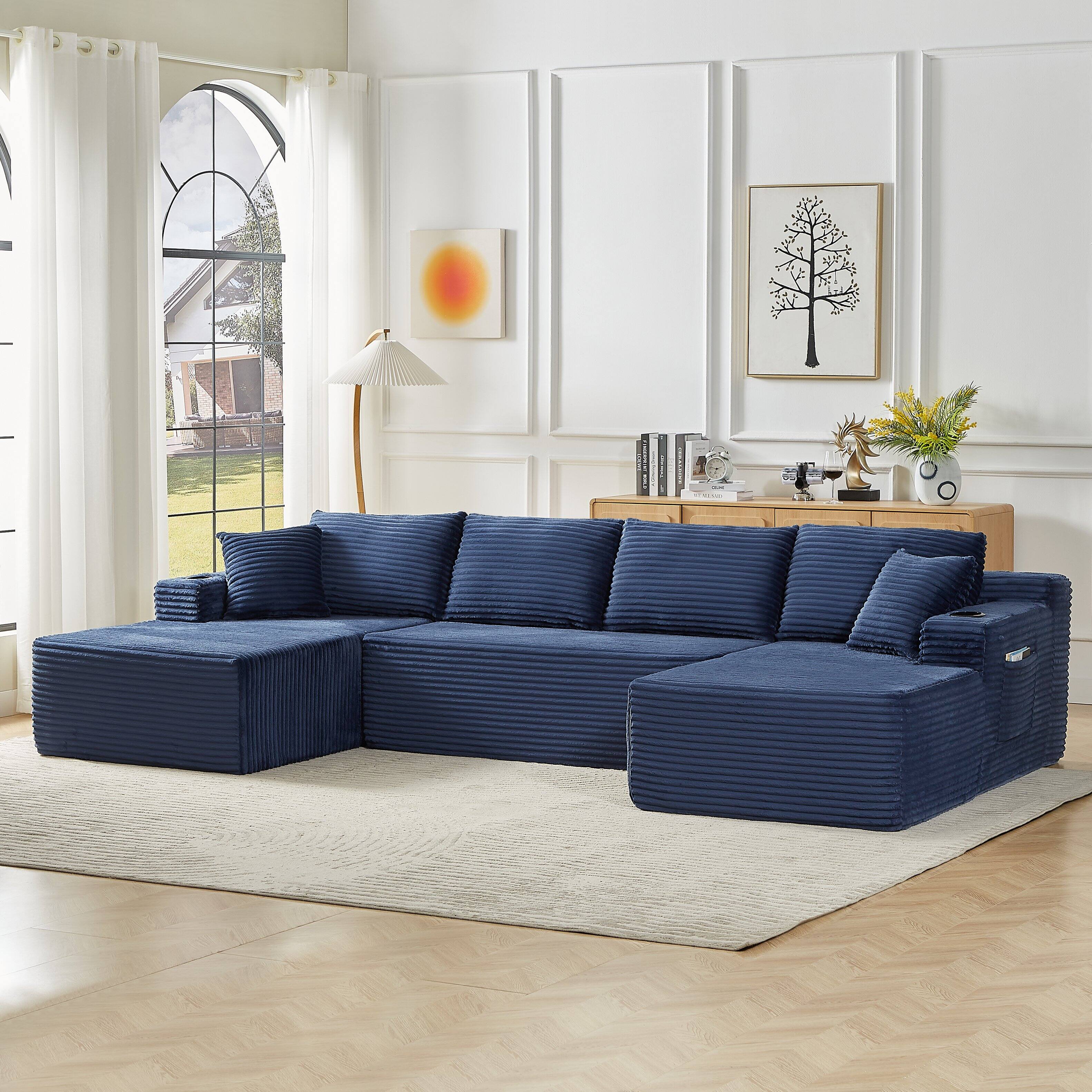 Angle. Aukfa - U-Shaped Sectional Sofa Set - Minimalist Modular Design, Corduroy Cloud Couch for Living Room - Blue.