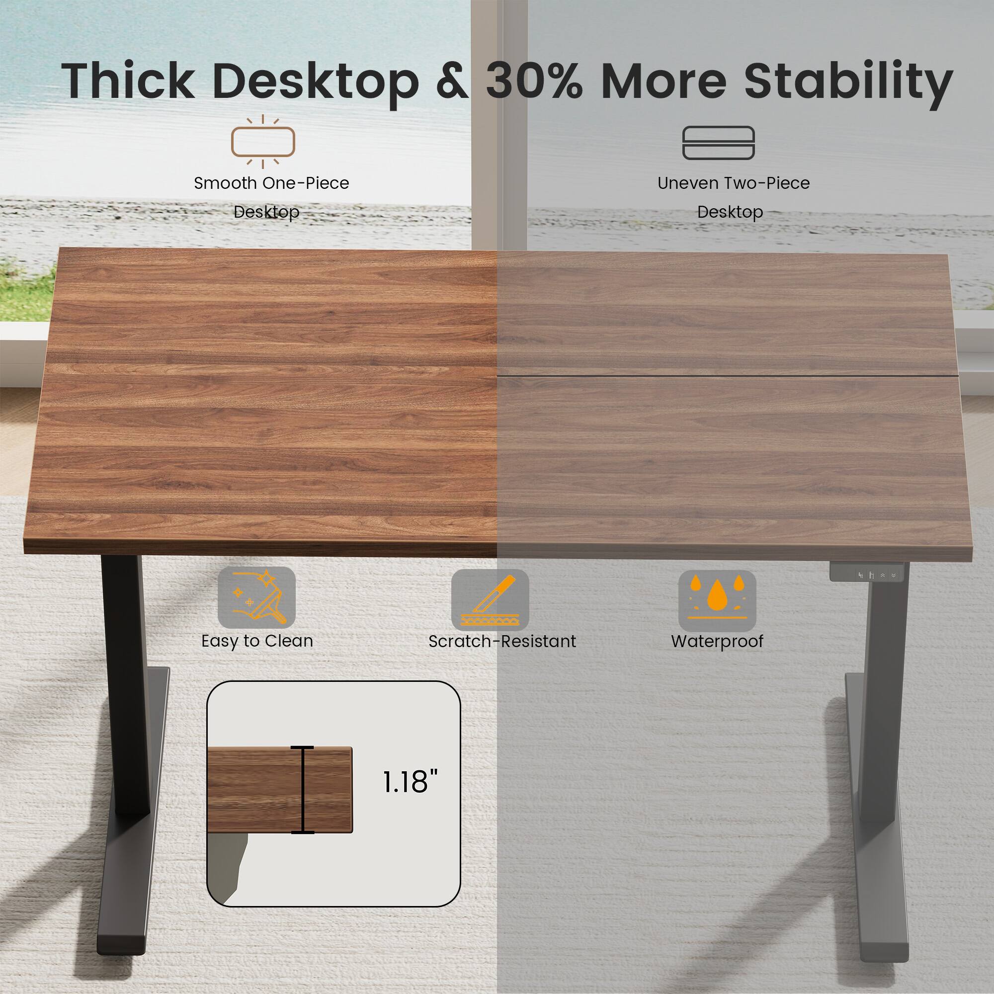 Thick Desktop & 30% More Stability

Smooth One-Piece Desktop

Uneven Two-Piece Desktop

Easy to Clean

Scratch-Resistant

Waterproof

1.18"