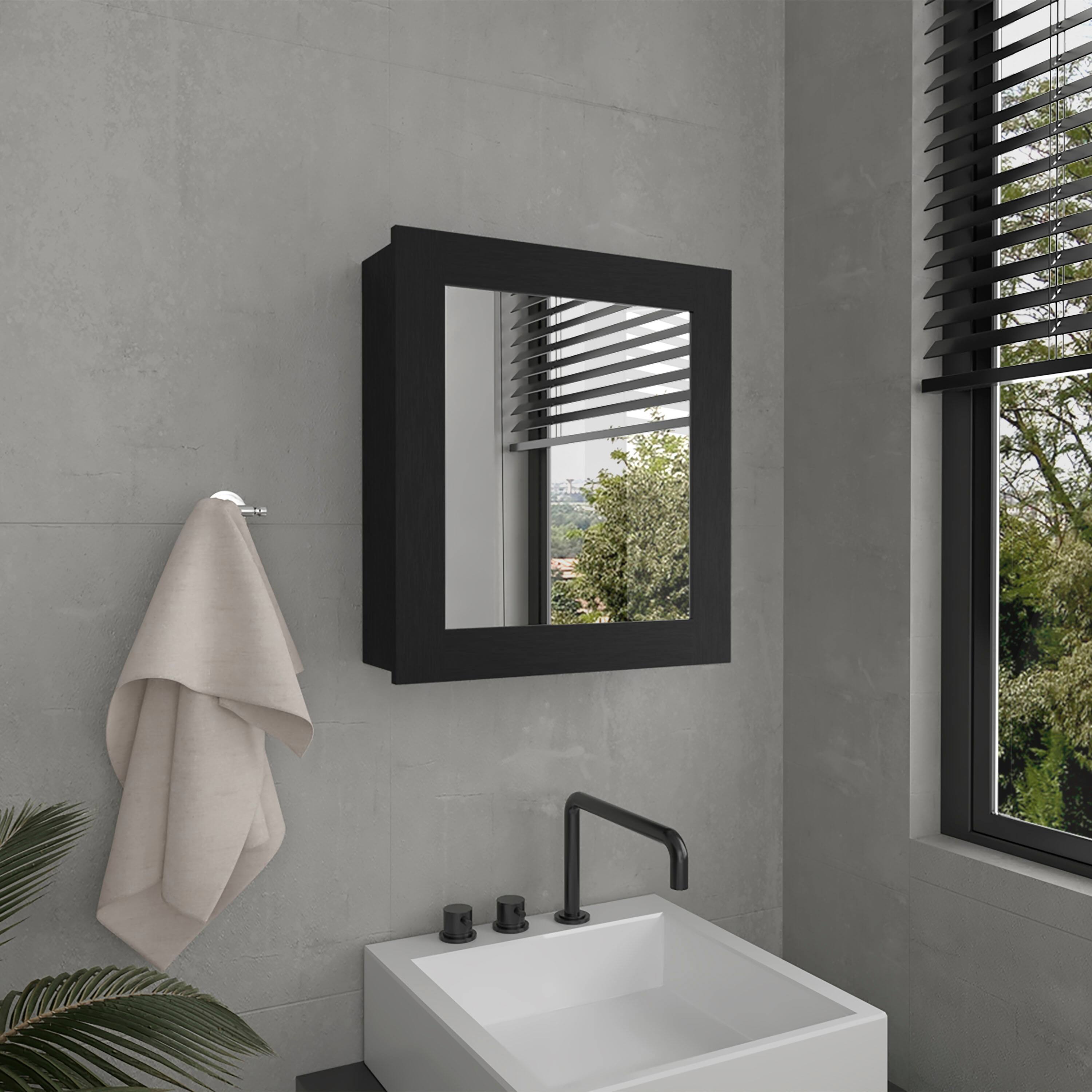 Angle. TuHome - Single Mirror Medicine Cabinet with Two Interior Shelves For Bathroom Storage - Black Wengue.