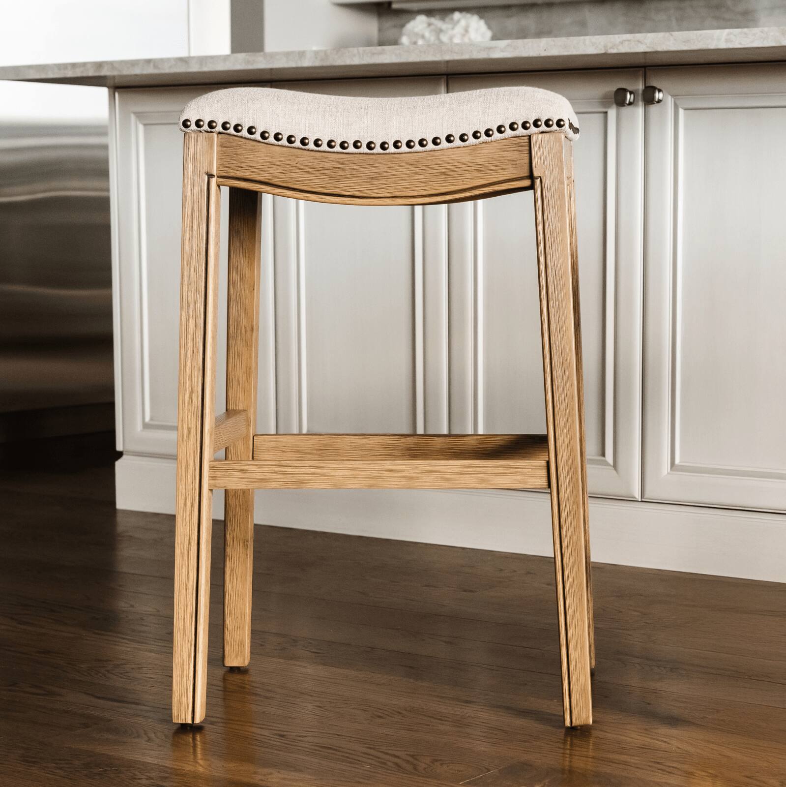 Angle. Maven Lane - 31" Adrien Saddle Bar Stool In Natural Wood Finish With  Fabric Upholstery - Natural Wood.