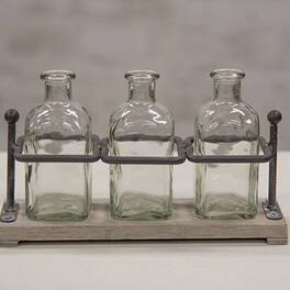 BreeBe - Wood & Iron Bottle Holder With 3 Bottles - Clear, Grey