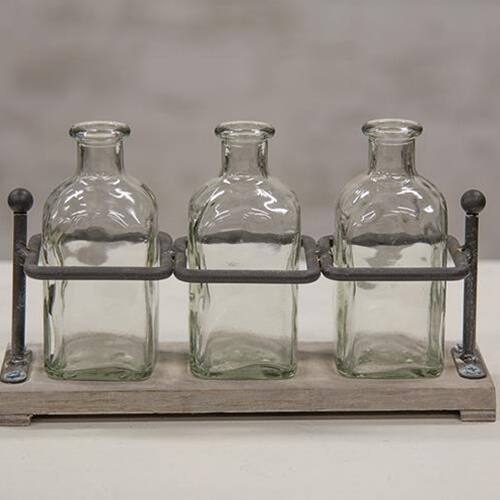 Front. BreeBe - Wood & Iron Bottle Holder With 3 Bottles - Clear, Grey.