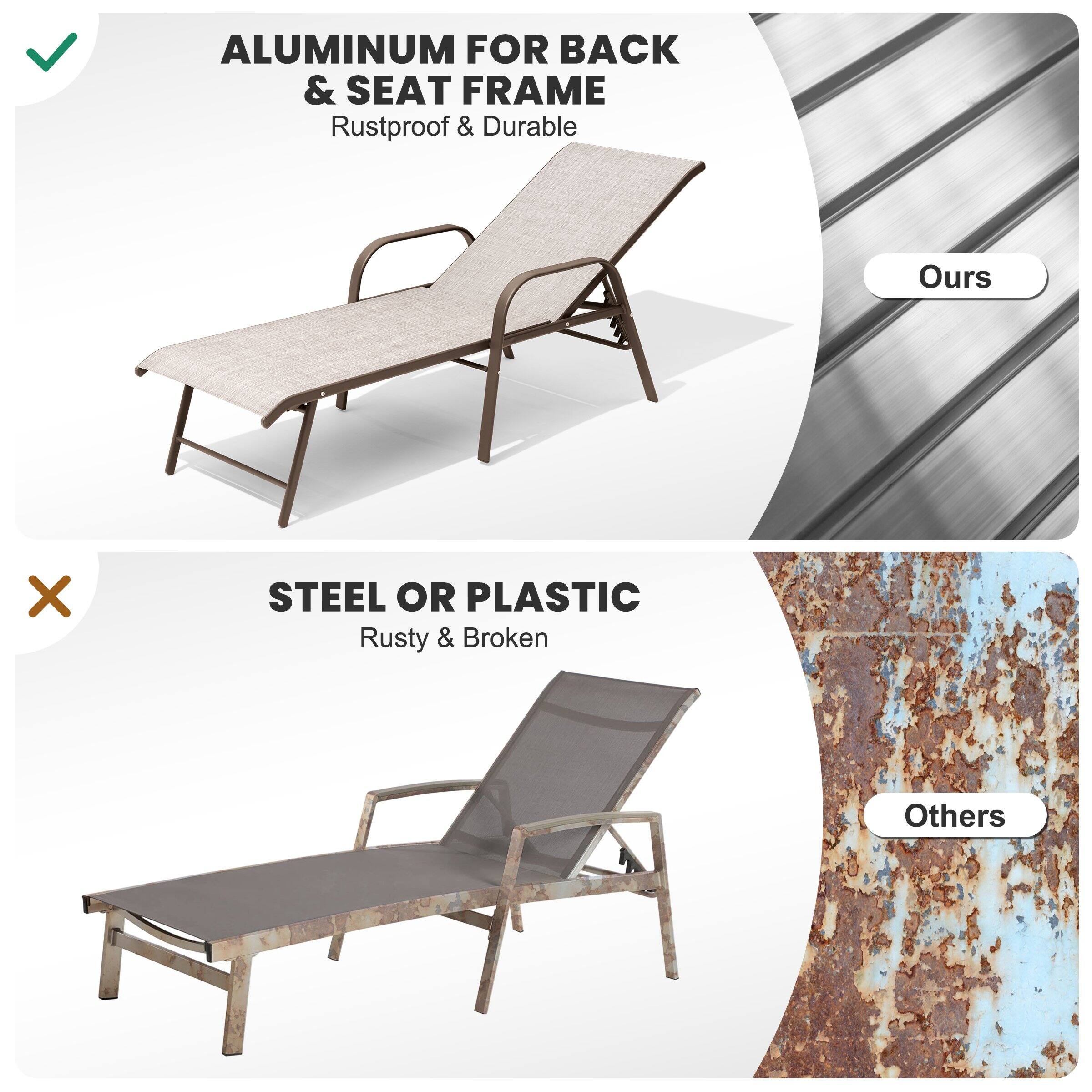 ALUMINUM FOR BACK & SEAT FRAME  
Rustproof & Durable  
Ours  

STEEL OR PLASTIC  
Rusty & Broken  
Others