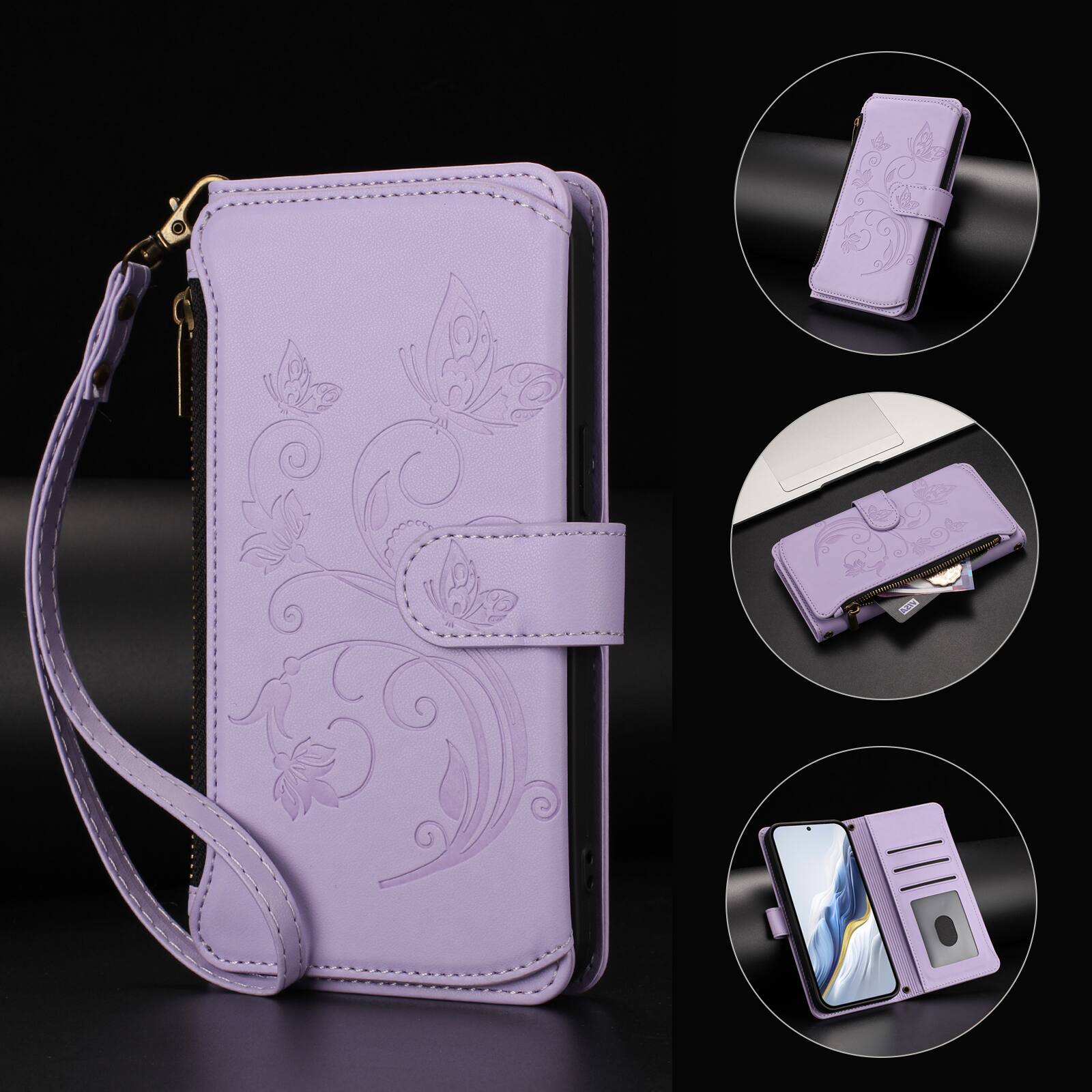 Alt View 5. Dteck - Crossbody Wallet Case for Samsung Galaxy S25 Edge,Embossed Butterfly Flower Folio Cover with Zipper Pocket+Strap - Purple.