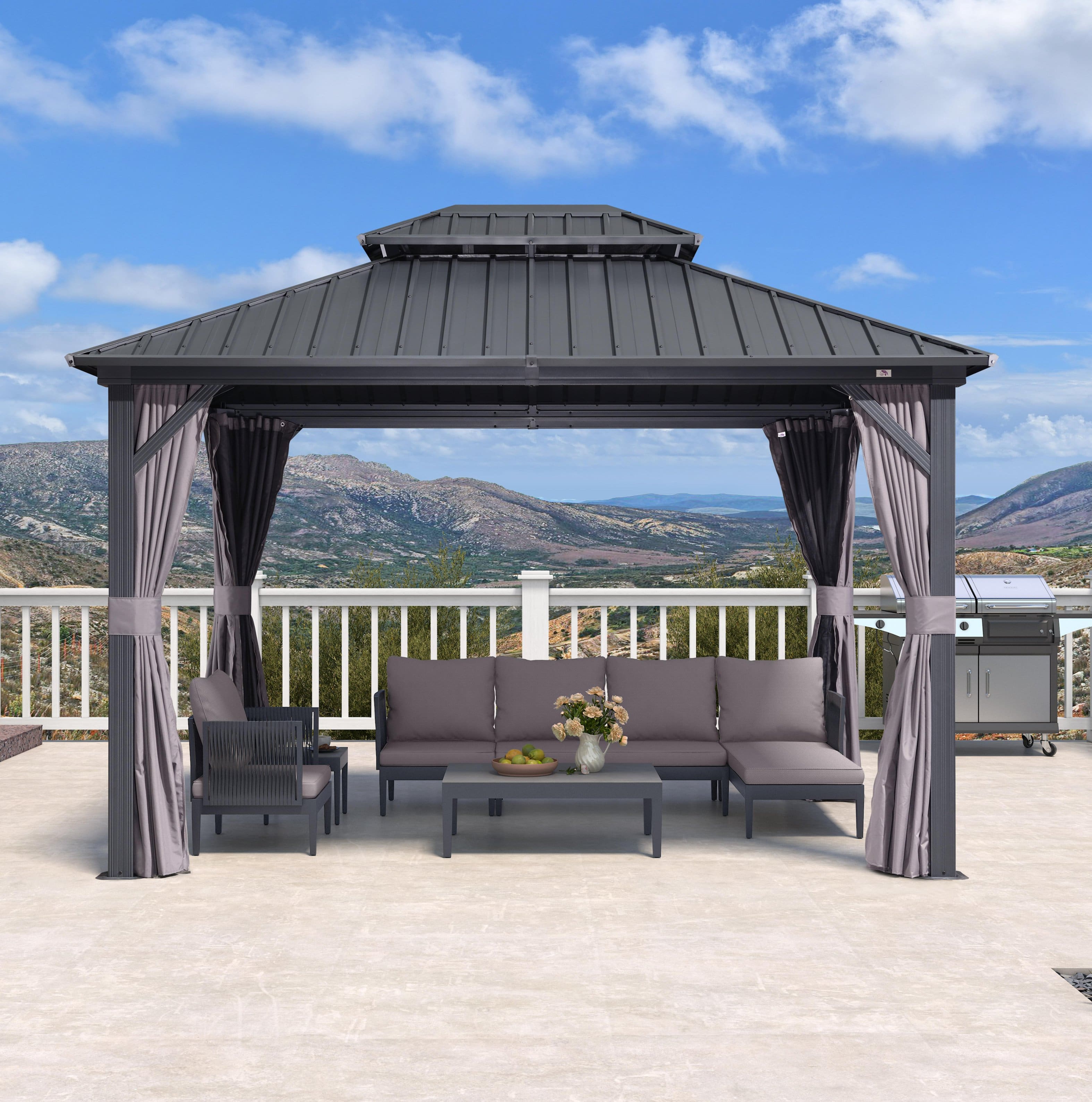 Front. PURPLE LEAF - 10' X 12' Outdoor Aluminum Hardtop Gazebo with Galvanized Steel Double Roof for Patio Deck with Netting and Curtains - 10' X 12'.