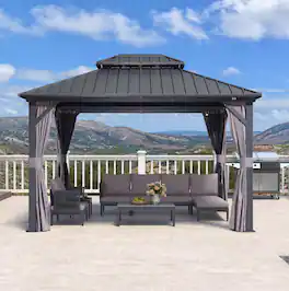 PURPLE LEAF - Outdoor Aluminum Hardtop Gazebo with Galvanized Steel Double Roof for Patio Deck with Netting and Curtains - 10' X 12'