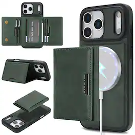 Dteck - Detachable Wallet Case for Apple iPhone 18 Pro,Premium PU Leather Flip Card Holder Stand Shockproof Mag Safe Cover - Green