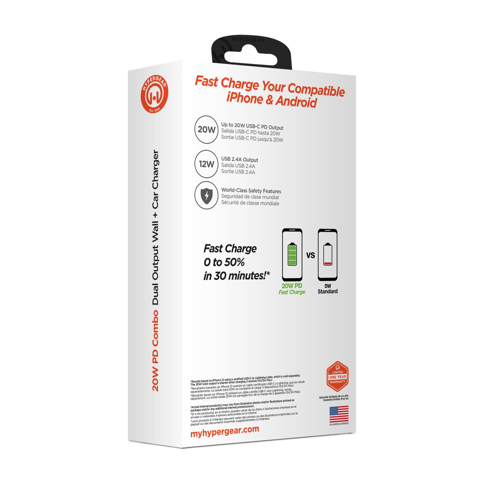 HYPERGEAR INPERCTER ap Fast Charge Your iPhone Compatible & Android Charger Car + Wall Output Dual Combo PD 20W Up to 20W USB-C PD hasta 20W Sortie USB-C PD jusqu'a 20W USB 2.4A Output 12W Salida USB 24A Sortile uB 2.4A World-Class Safety Features Seguridad de clase mundial Scurit de classe mondiale Fast Charge vs o to 50% in 30 minutes! 20W PD SN Fast Charge Standard mita nhi - - - YEAR - . a terdo - - - - - - -   - - FinaLcs - - - - V - - - - du - - - s a UT - - - Baad  -  - V - - or mar em - mere C  - - -g an - . sorie - anm Sepn - samm - w - - s - - WY Ata - - - - - andrie - - - - - -ino - p 1 - - - - A - - - - - - - - c rre pe - - auer -i - myhypergear.com