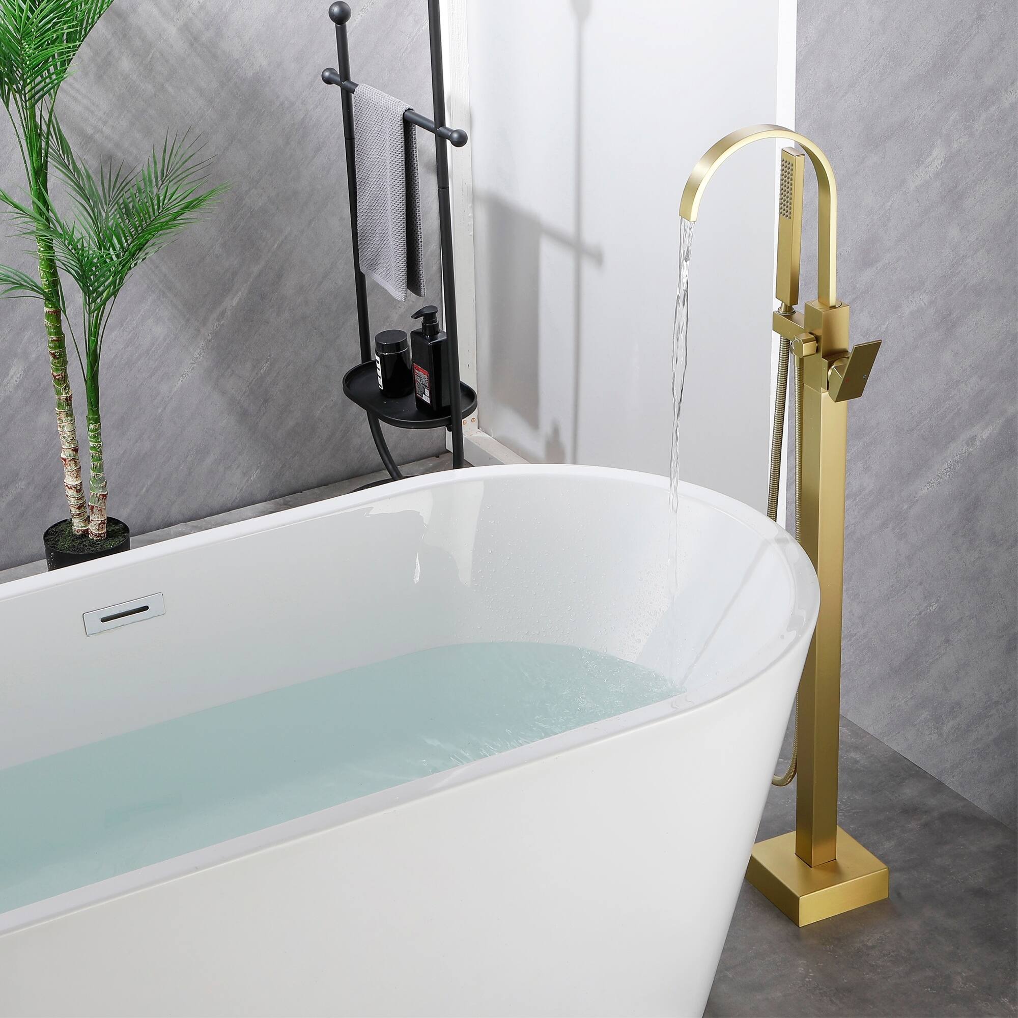 Alt View 1. Boyel Living - Brushed Gold Freestanding Bathtub Faucet Solid Brass 360° Swivel Handheld Spray 60-Inch Hose cUPC - Brushed Gold.