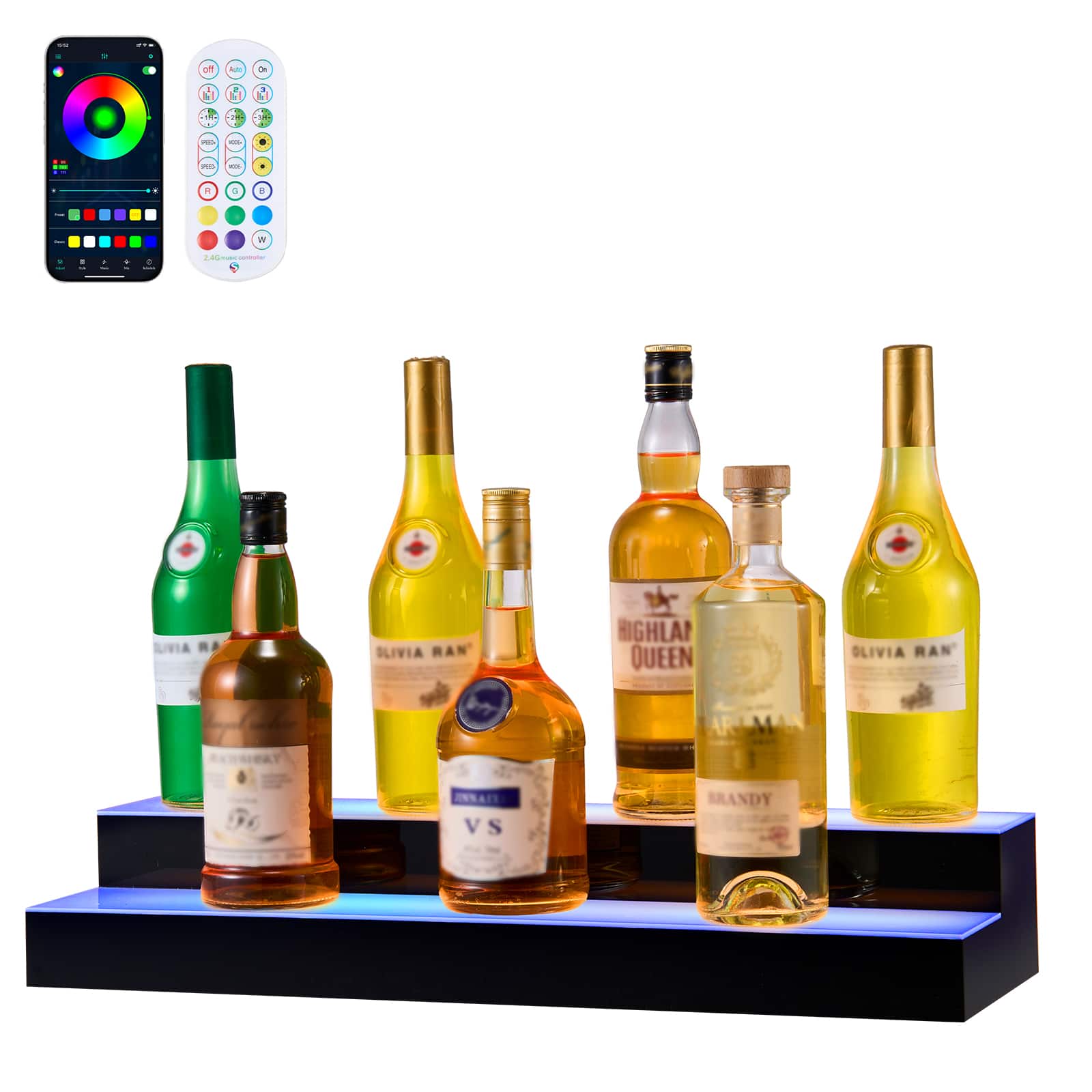 VEVOR - LED Lighted Liquor Bottle Display, 2 Tiers 24 inches, Supports USB, Acrylic Illuminated Home Bar Shelf Display - Black + White