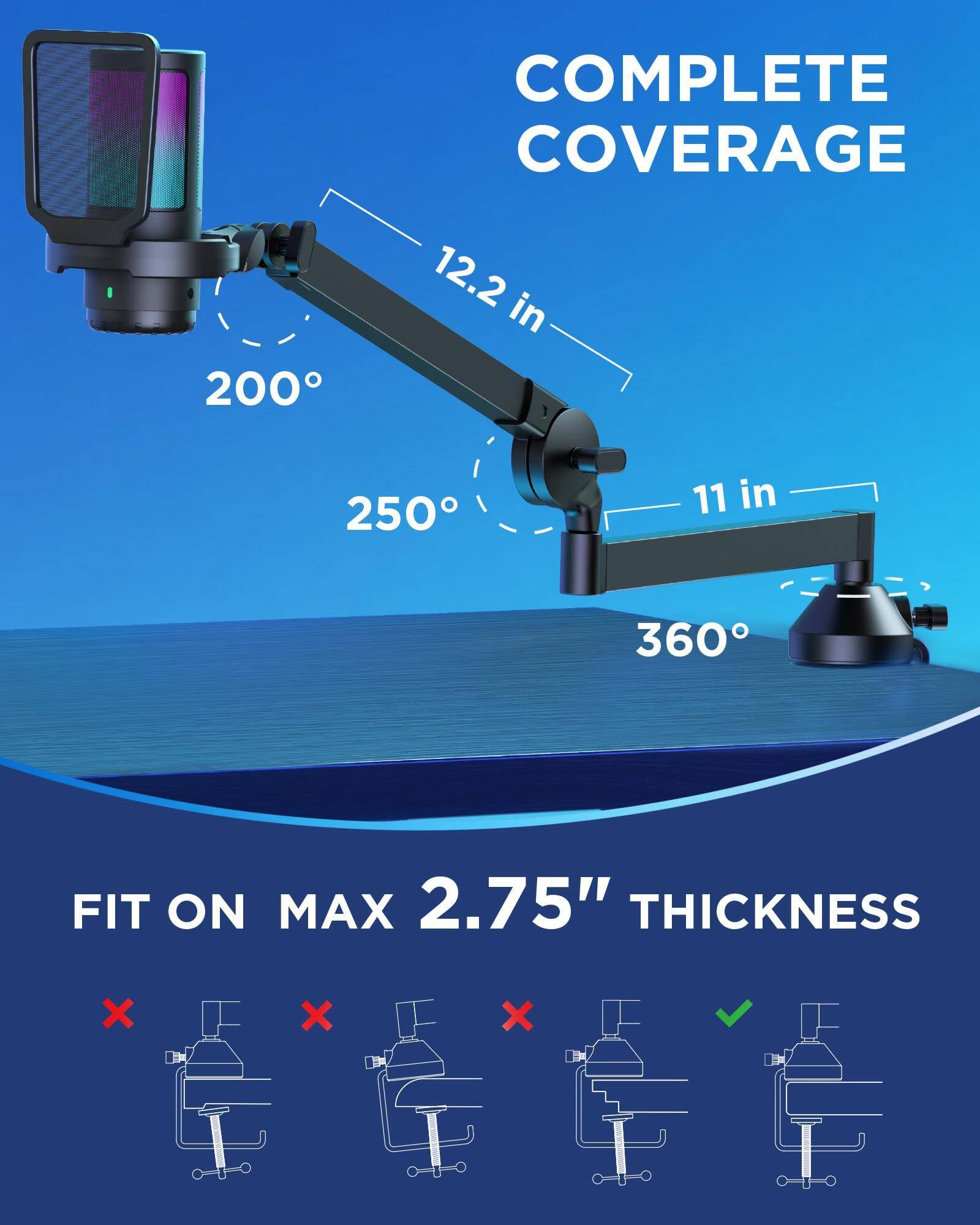 COMPLETE COVERAGE  
200° 12.2 in  
250° 11 in  
360°  

FIT ON MAX 2.75" THICKNESS