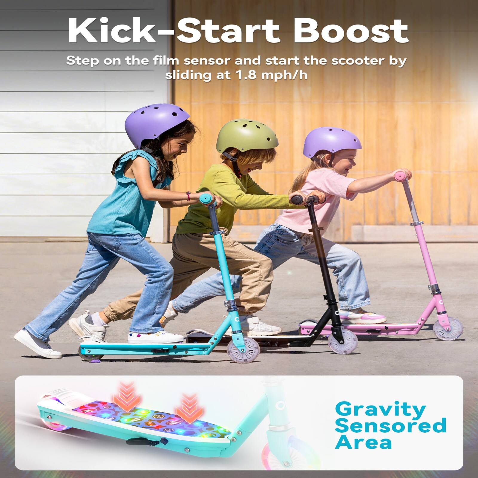 Kick-Start Boost  
Step on the film sensor and start the scooter by sliding at 1.8 mph/h  

Gravity Sensed Area