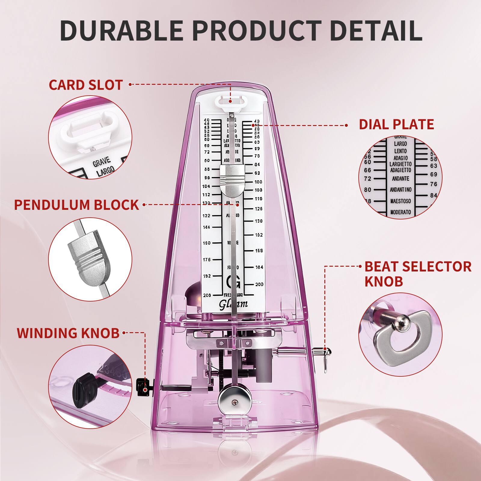 DURABLE PRODUCT DETAIL

CARD SLOT  
GRAVE LARGO

PENDULUM BLOCK

DIAL PLATE  
GRAVE  
LARGO  
LARGO  
LARGhetto  
ADAGIO  
ADAGIETTO  
ANDANTE  
ANDANTINO  
MAESTOSO  
MODERATO

BEAT SELECTOR KNOB

WINDING KNOB