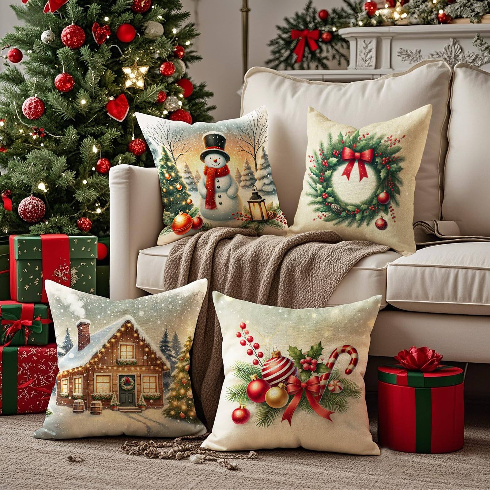 Left. Stylel Star - Christmas Pillow Covers 18x18 inch Set of 4, Holiday Winter Outdoor Vintage Tree Snowflake Xmas Snowman Neutral Farmh... - Christmas2.