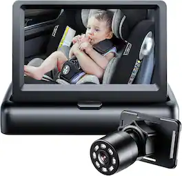 PRIMEPLUS - Baby Car Camera - 4.3" 1080P HD Monitor with Night Vision, 149° Wide-Angle, 360° Swivel, Anti-Slip Mat, 12V Plug & Play