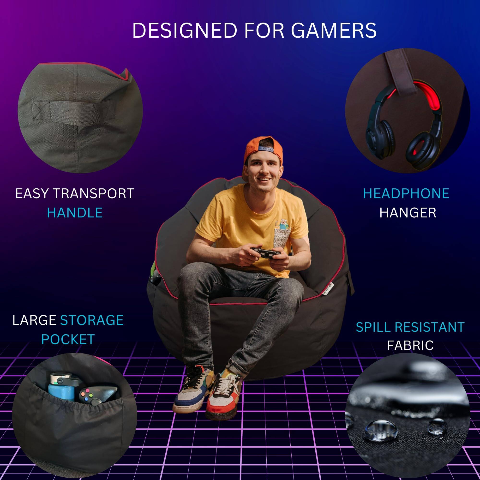 DESIGNED FOR GAMERS

- EASY TRANSPORT HANDLE
- HEADPHONE HANGER
- LARGE STORAGE POCKET
- SPILL RESISTANT FABRIC