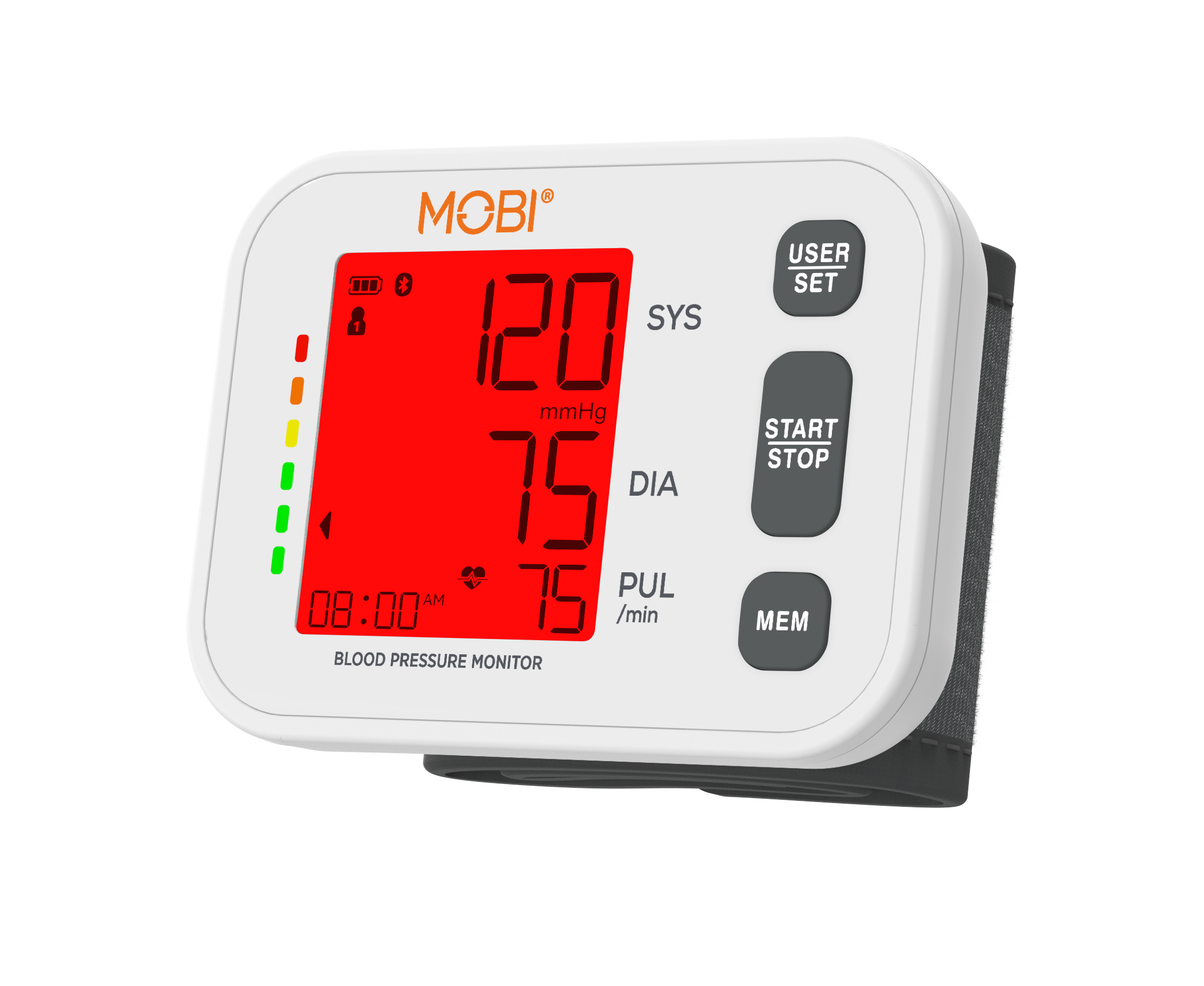 MOBI®

120 mmHg SYS  
75 mmHg DIA  
75 PUL /min  

08:00 AM  

BLOOD PRESSURE MONITOR  

USER SET  
START STOP  
MEM