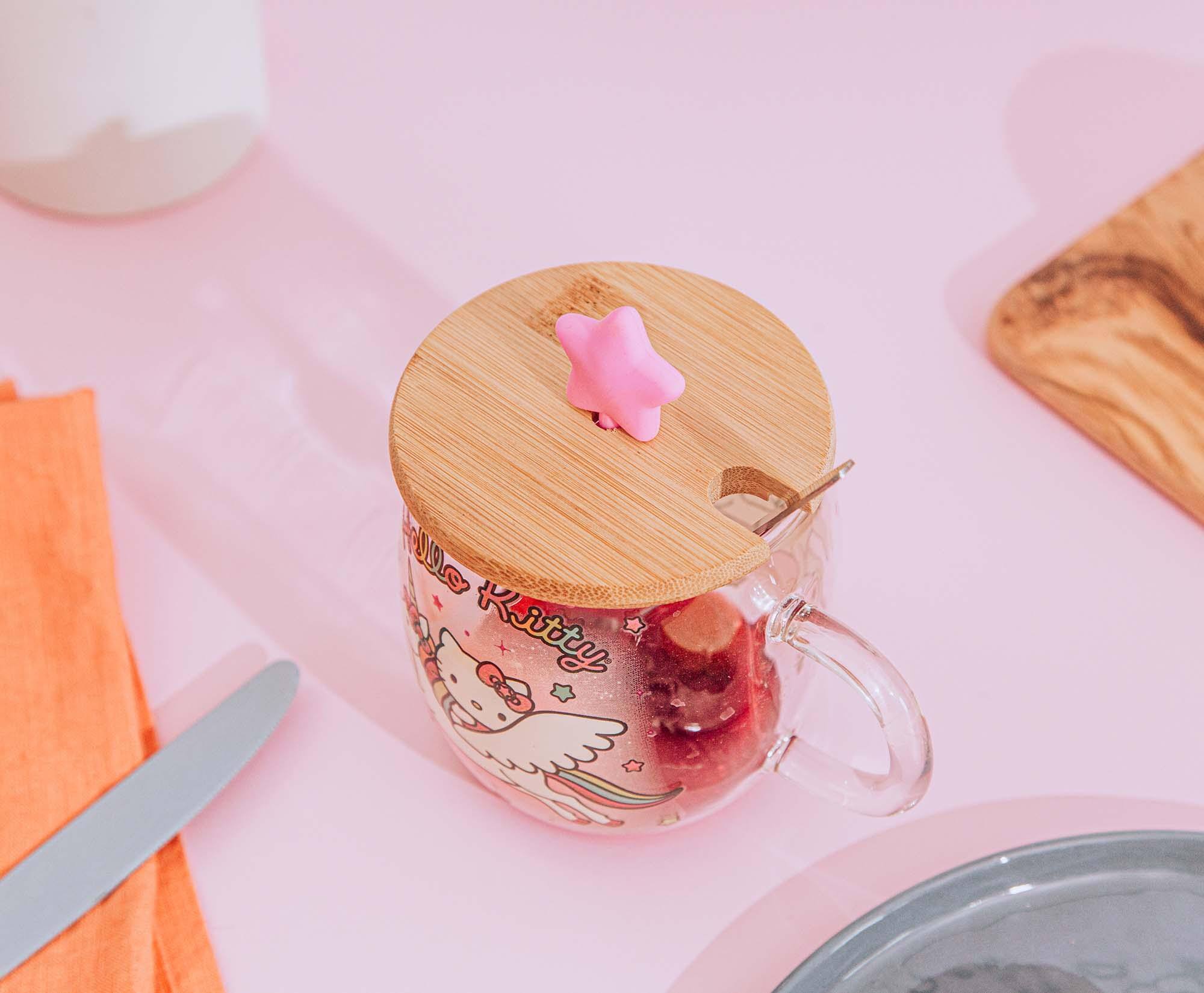 Alt View 4. Silver Buffalo - Sanrio Hello Kitty Glass Mug With Star-Topper Lid and Spoon | Holds 17 Ounces - Pink.