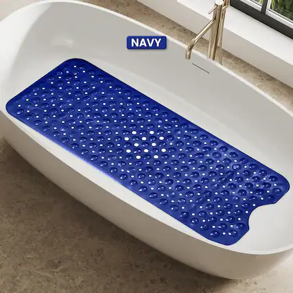 Front. Lux Decor Collection - Bath Tub Mat 40x16 Inch Non-Slip, Quick-Dry Shower Mat with Suction Cups, Machine Washable Bathroom Safety Mat - Navy Blue.