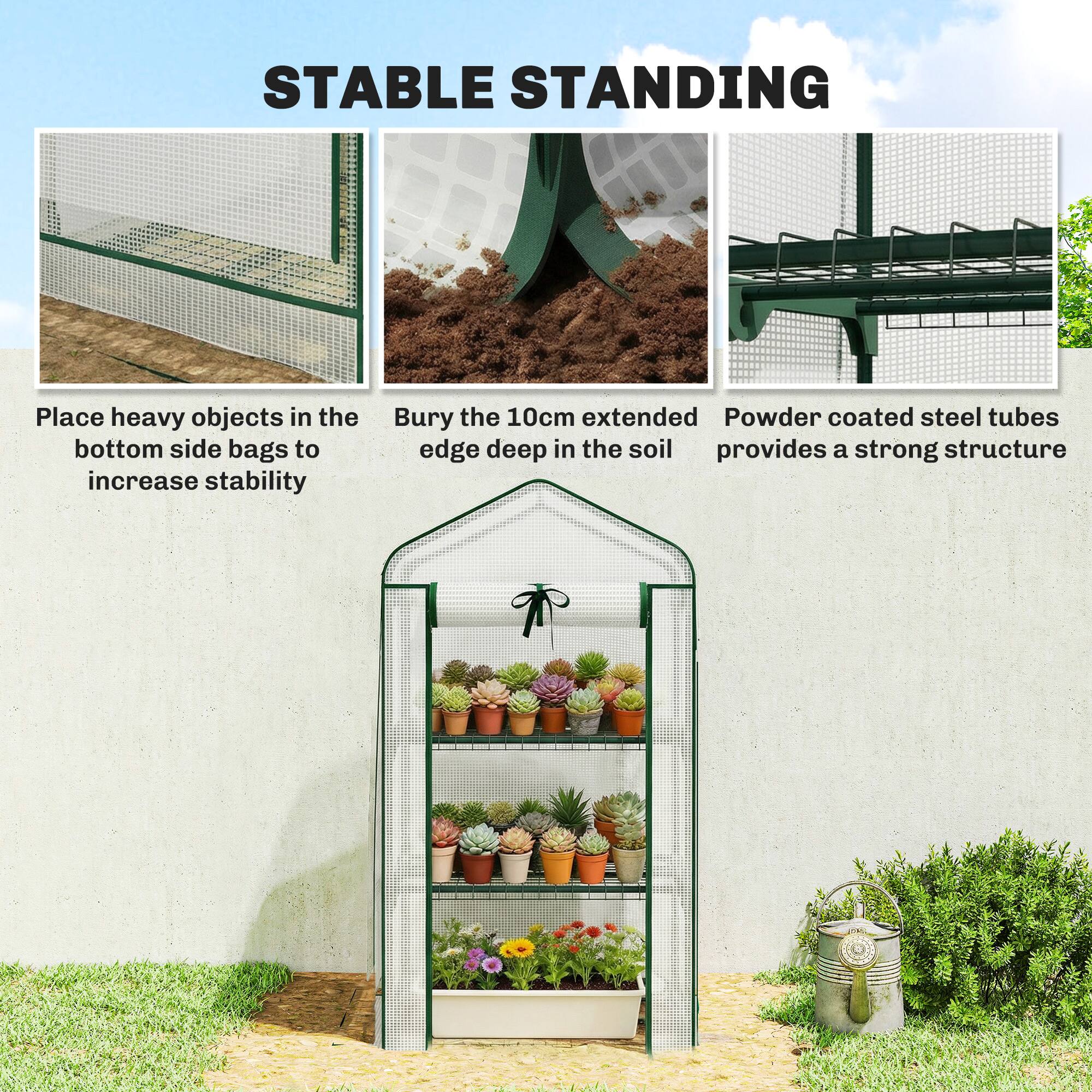 STABLE STANDING

- Place heavy objects in the bottom side bags to increase stability
- Bury the 10cm extended edge deep in the soil
- Powder coated steel tubes provide a strong structure