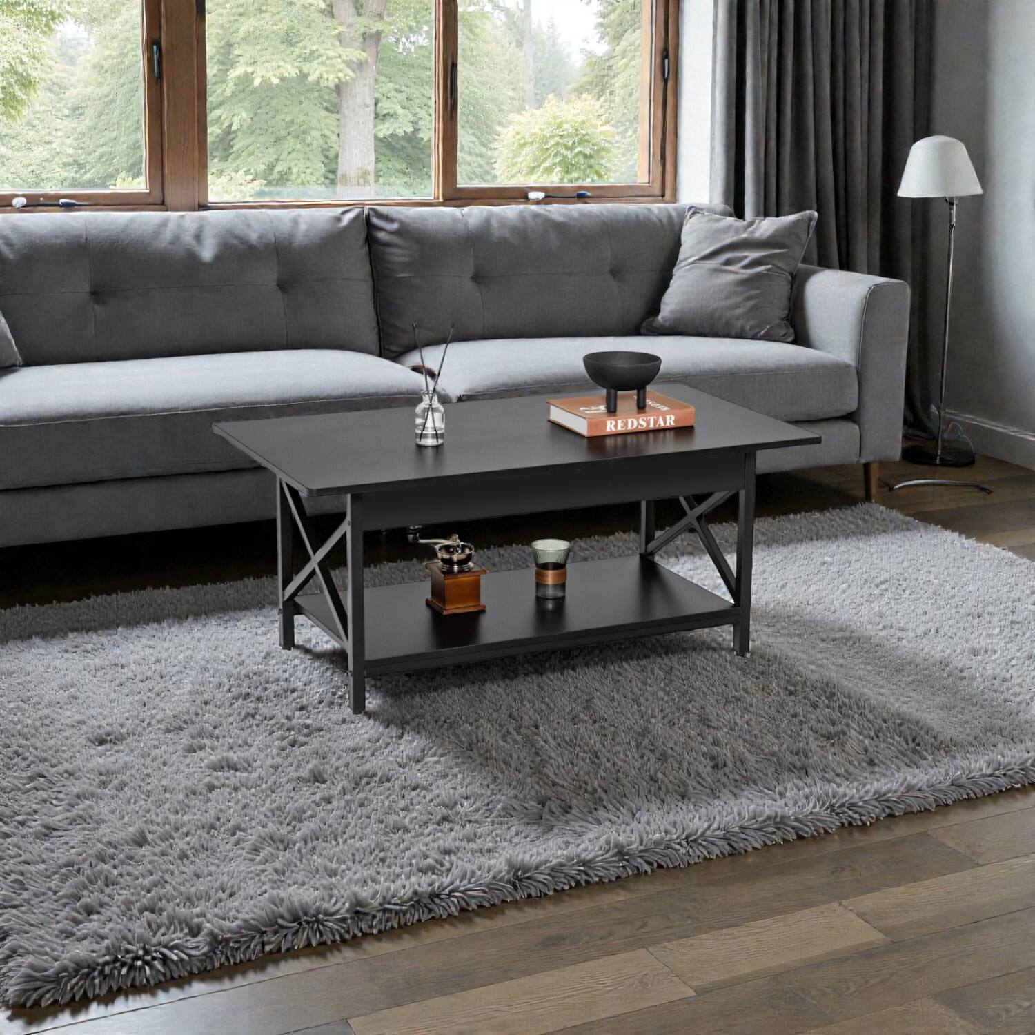 Front. Hivvago - Industrial Wood and Metal Coffee Table with Lower Storage Platform - Black.