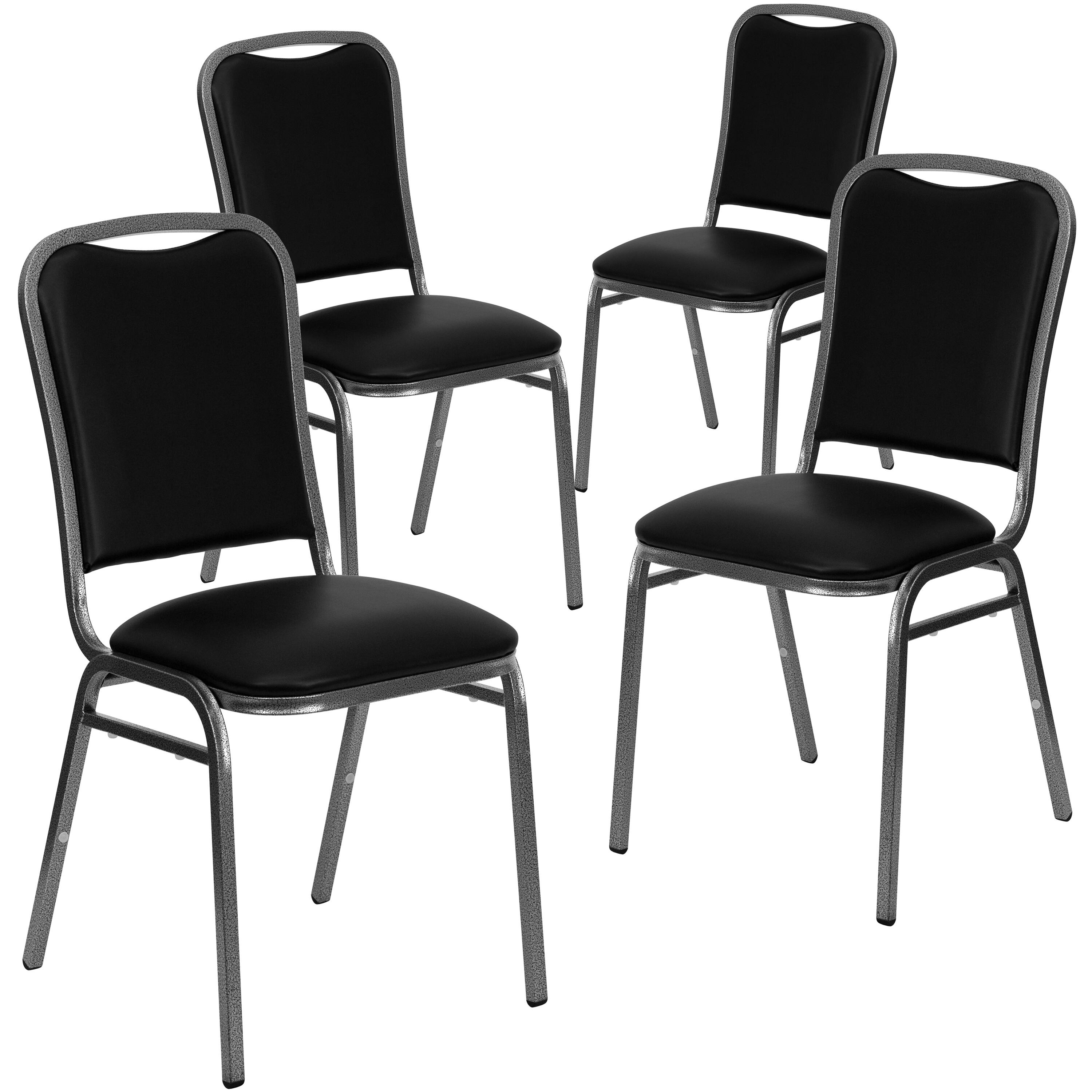 Front. Emma + Oliver - 4 Pack Stacking Banquet Chair with Vinyl and 1.5'' Thick Seat - Frame - Black Vinyl/Silver Vein Frame.