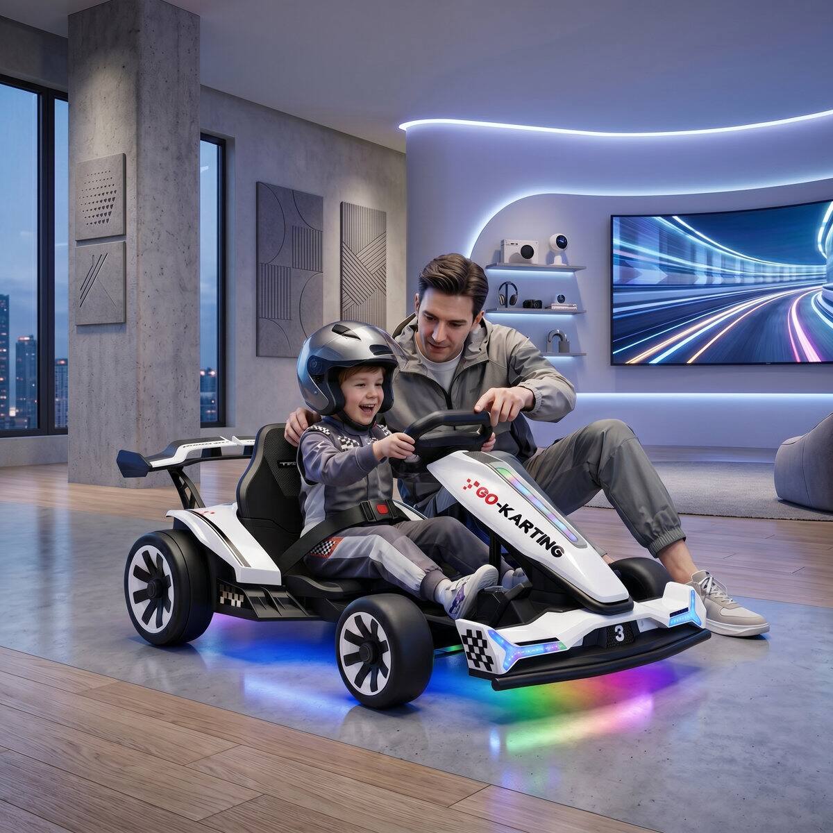 Angle. Wisairt - 24V Kids Drift Go Kart, Electric Ride-On w/ Adjustable Frame, RGB Lights, 3-6.5 MPH - White.