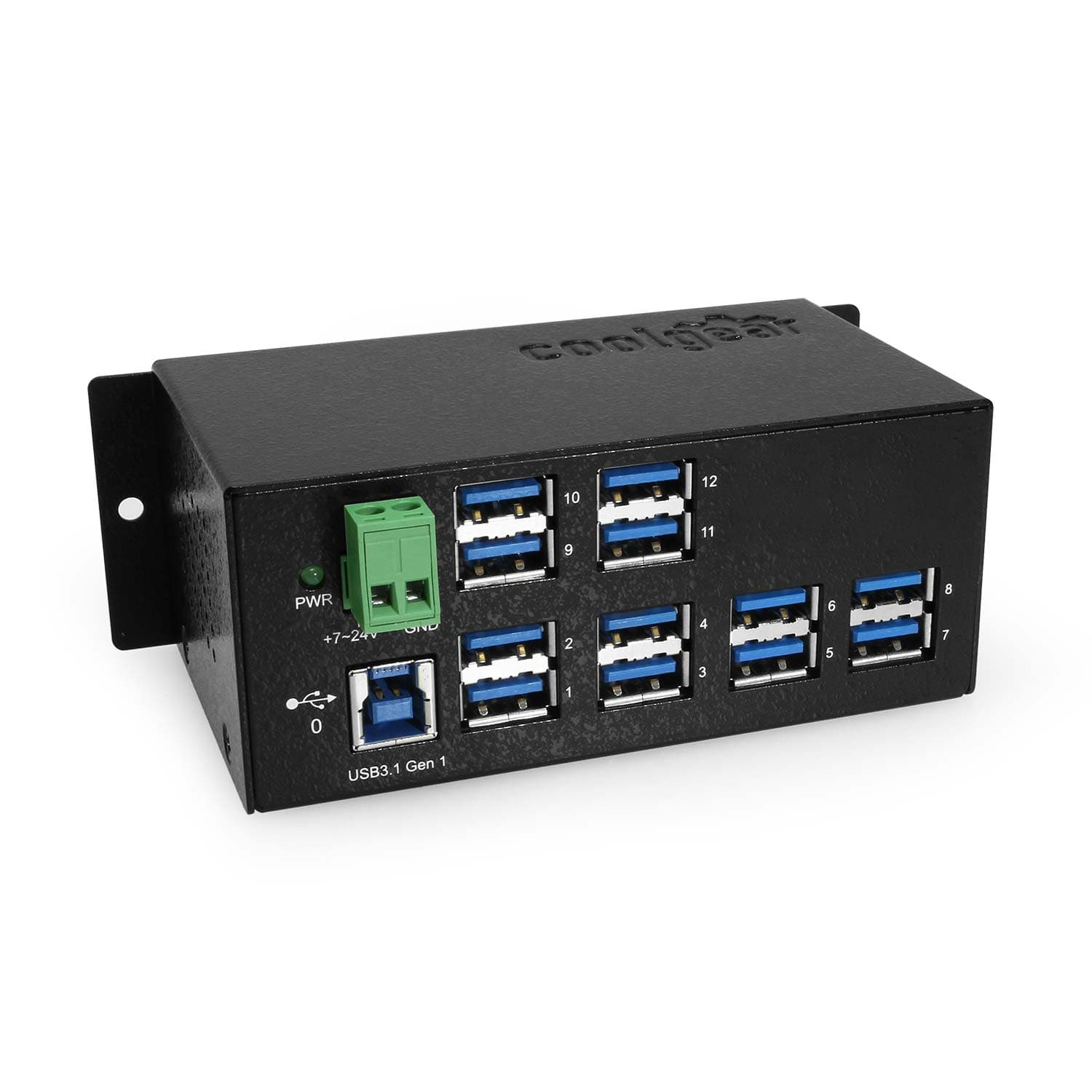 Coolgear - 12-Port USB Hub - Compact Design - USB Type-A - Screw Lock Compatible - 5Gbps - Ready to Mount on Surface or DIN Rail - Black