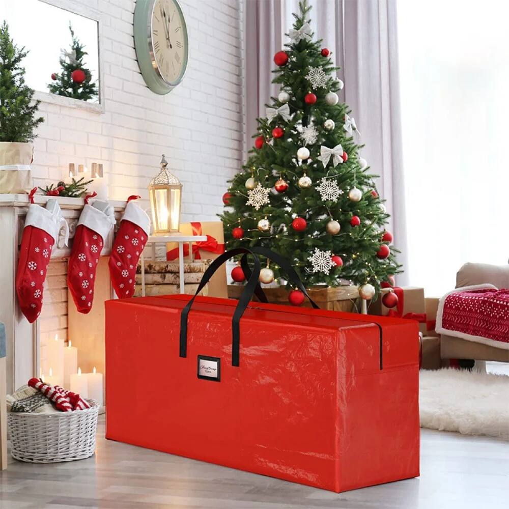 Alt View 1. MOVSSOU - Christmas Tree Storage Bag Storage Container Fits 7.5ft Disassembled Tree Zippered Bag with Carry Handles 48"x15"x20" - Red.