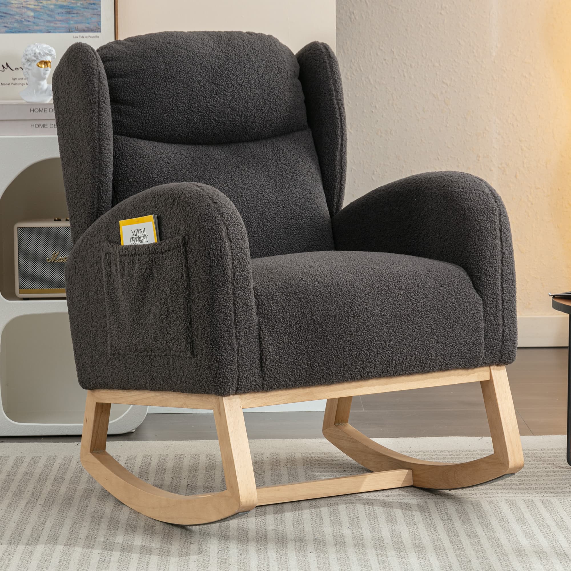 Anysun - Teddy Fabric Rocking Chair With Packet Wood Legs - Dark Gray 