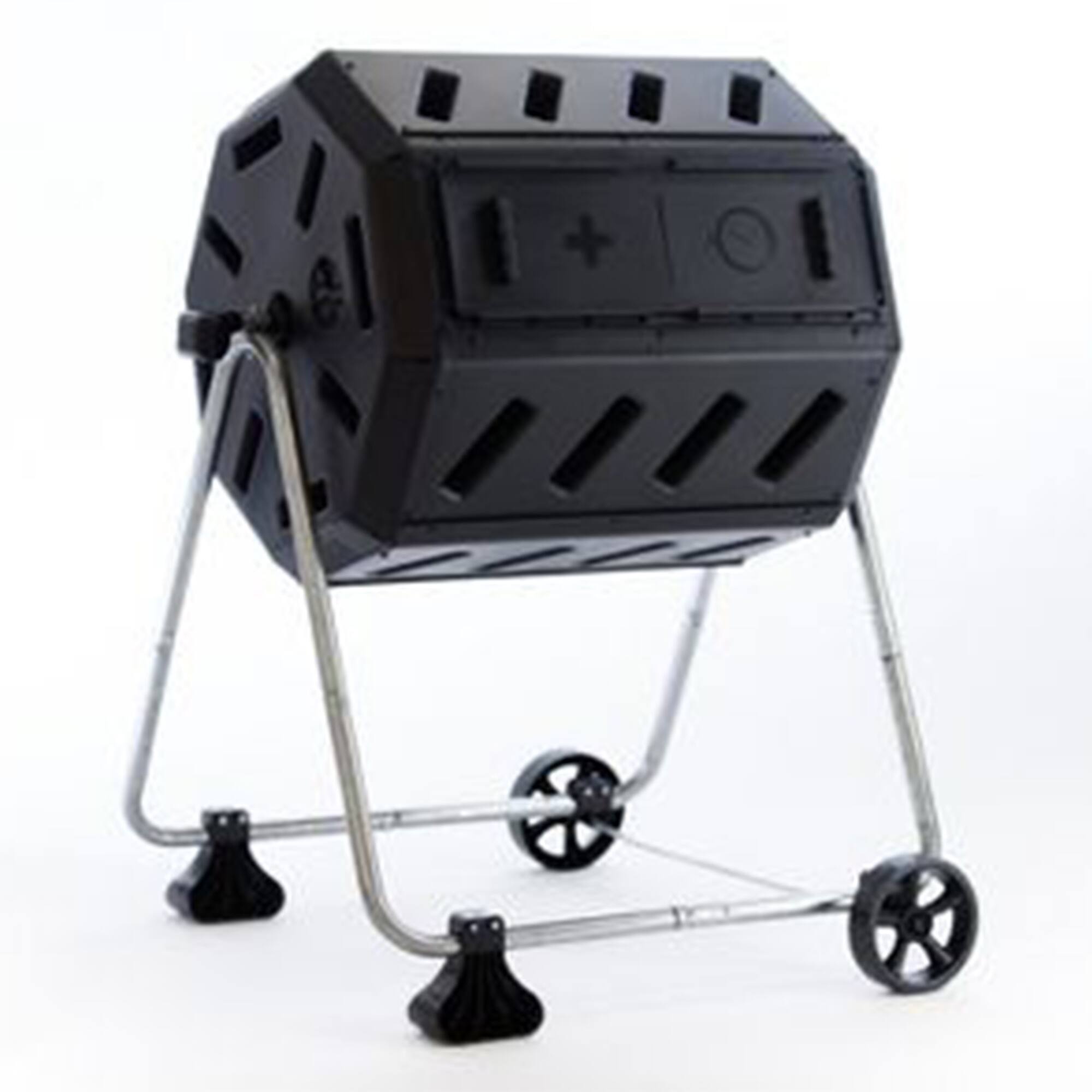 Alt View 4. FCMP Outdoor - FCMP Outdoor 37 Gallon Dual Chamber Tumbling Composter Bin with Wheels, Black.