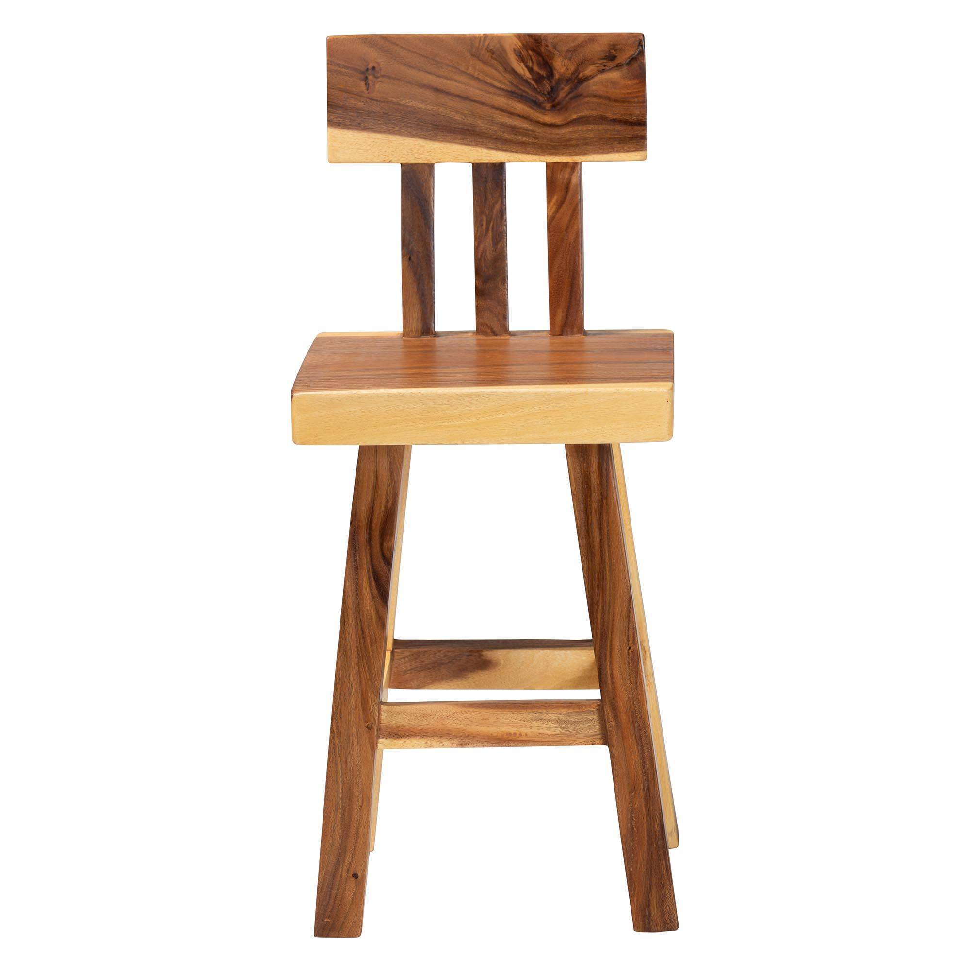 Angle. bali & pari - Luli Suar Wood Counter Stool - Handcrafted Solid Wood Stool with Backrest, Rustic Modern Seating - Natural Brown.
