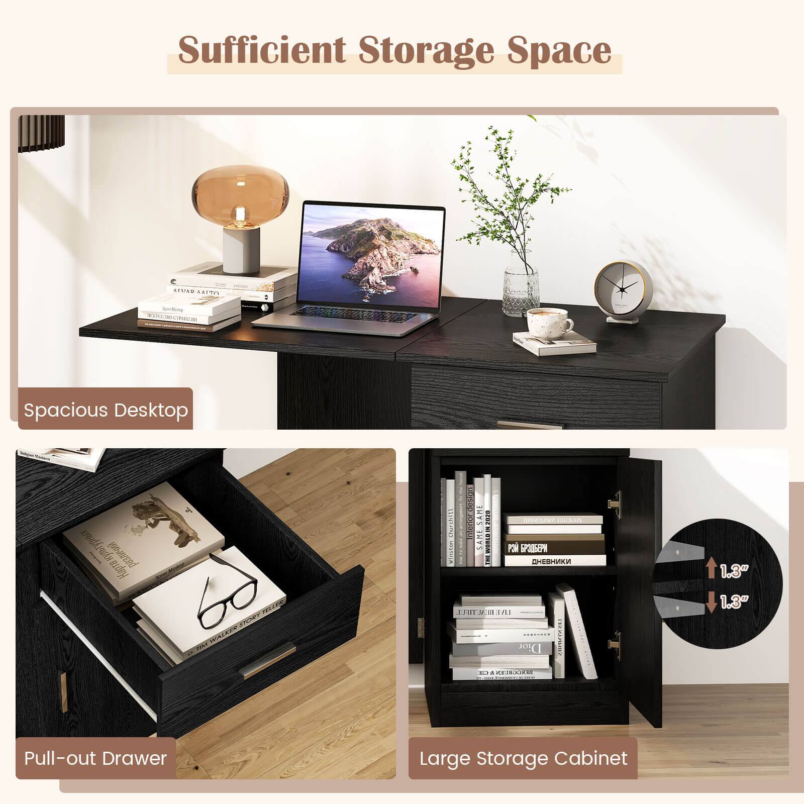 Sufficient Storage Space:

* Spacious Desktop: A desk with a laptop and books on it.
* Pull-out Drawer: A drawer that can be pulled out to reveal its contents.
* Large Storage Cabinet: A cabinet with a large storage capacity.