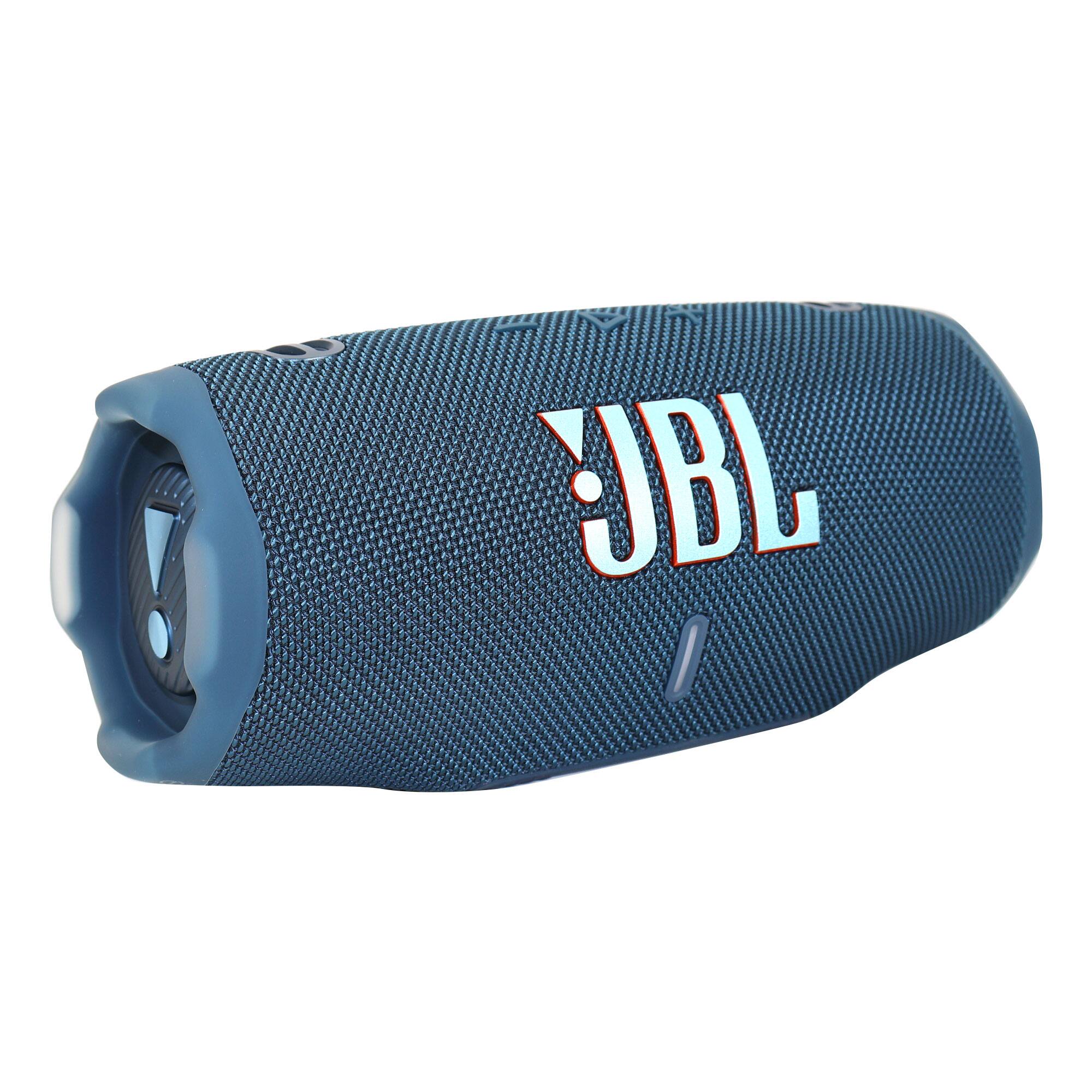 Left. JBL - JBL Charge 6 Waterproof Bluetooth Speaker (Blue) + In Ear Headphones + Software - Blue.